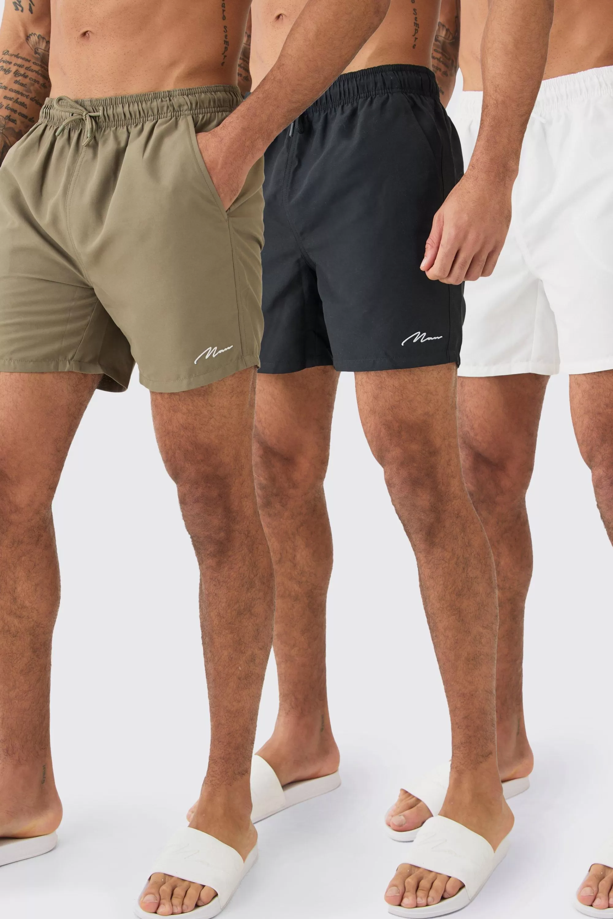 boohooMAN Man Signature Mid Length 3 Pack Swim Short | UK