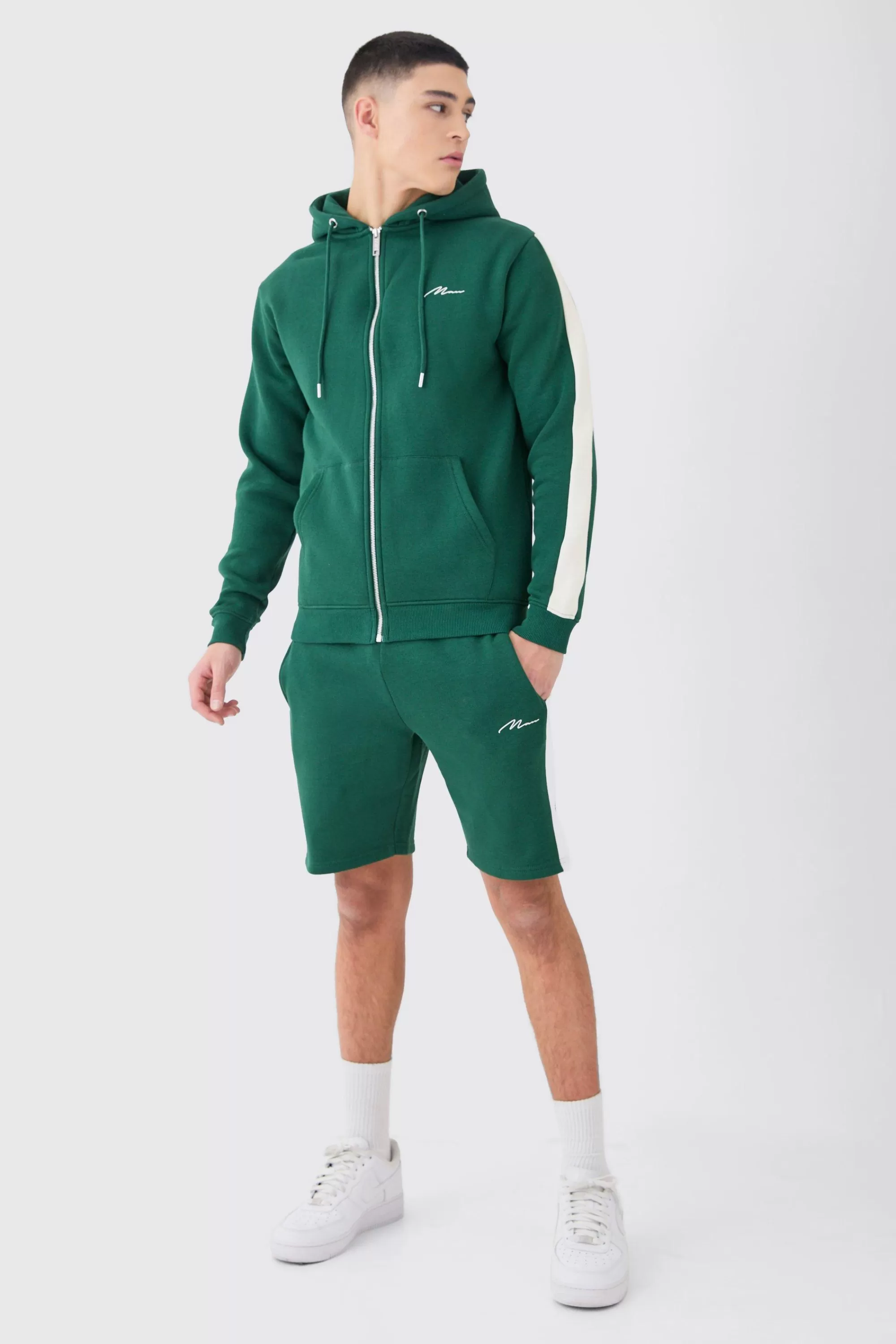 boohooMAN Man Signature Slim Zip Through Colour Block Short Tracksuit | UK