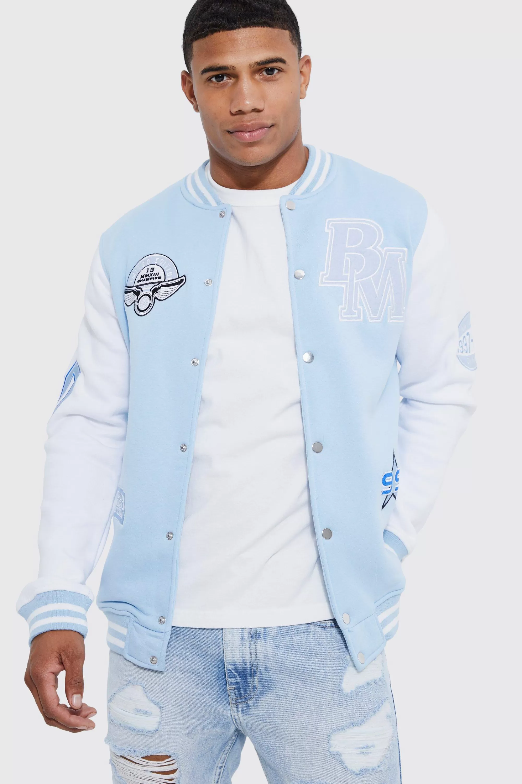 boohooMAN Members Club Applique Varsity Jacket | UK