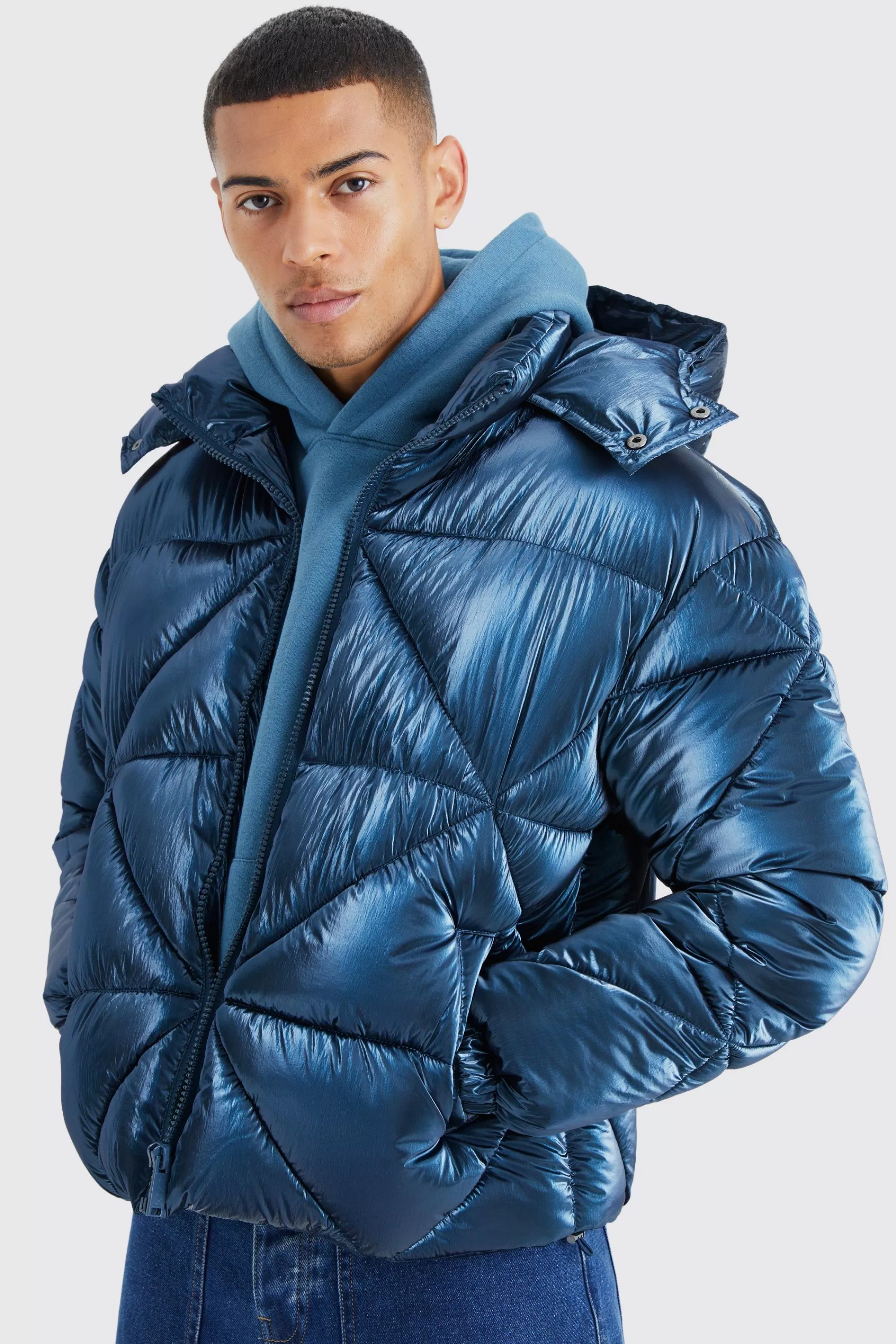 boohooMAN Metallic Boxy Quilted Puffer | UK