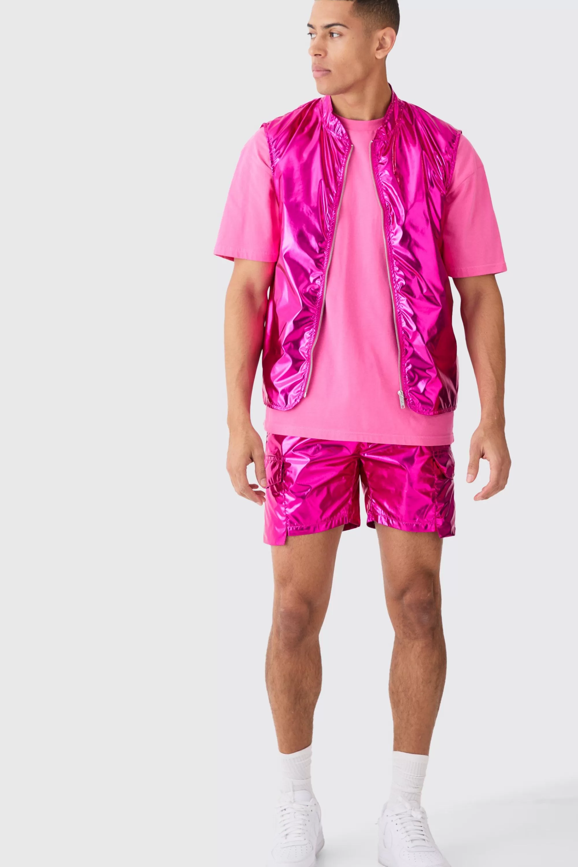 boohooMAN Metallic Vest And Cargo Short Set | UK