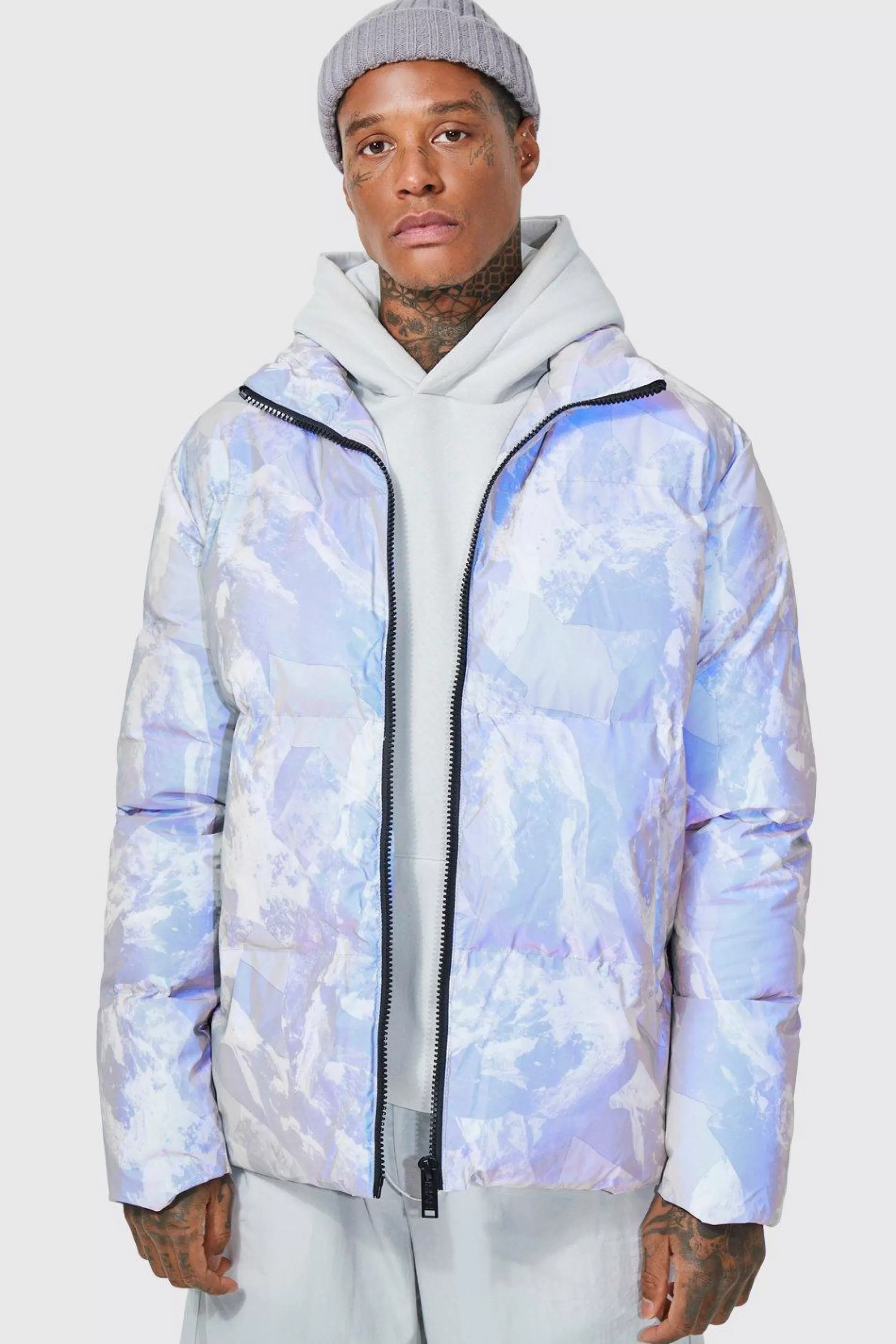 boohooMAN Mountain Reflective Print Funnel Neck Puffer | UK