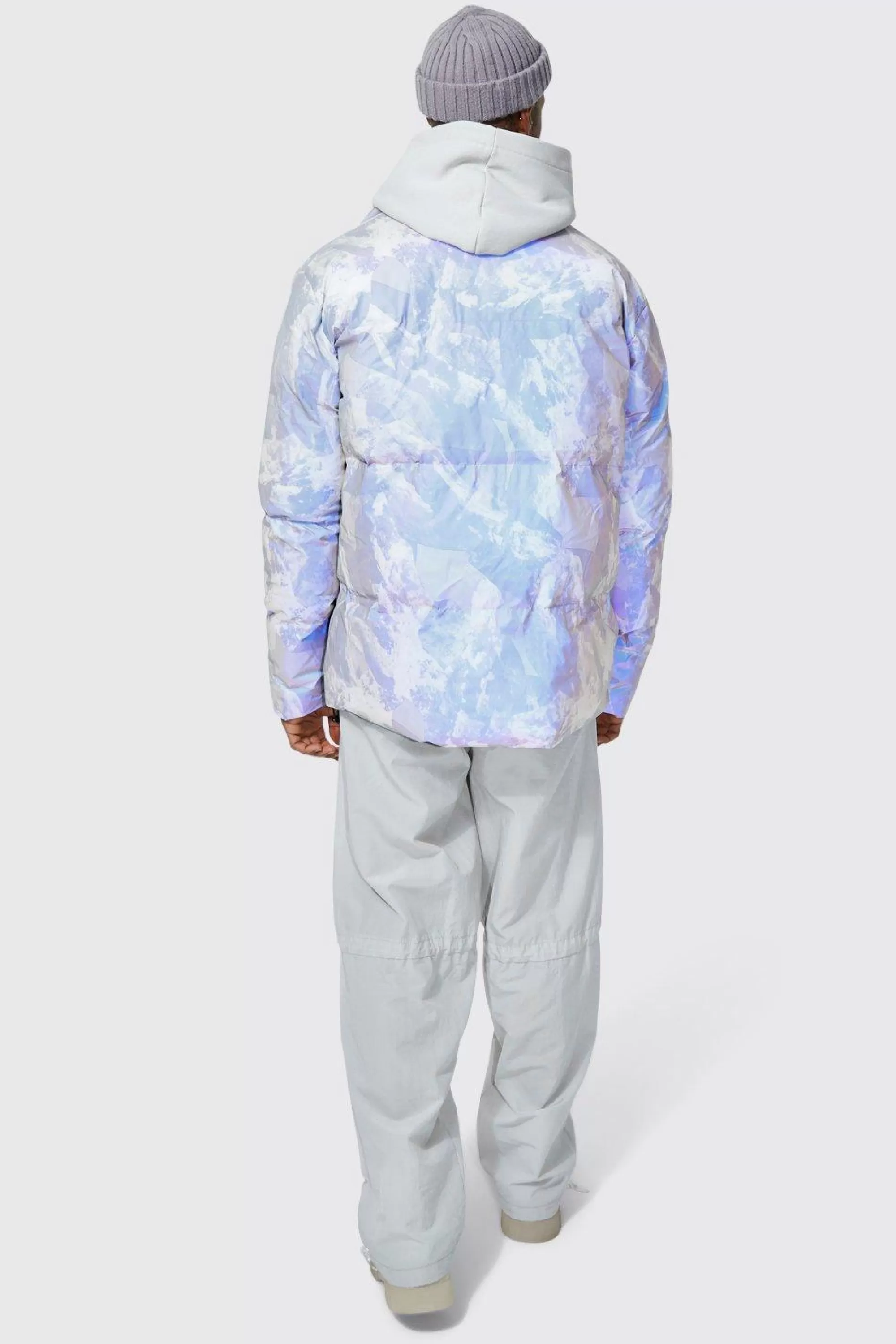boohooMAN Mountain Reflective Print Funnel Neck Puffer | UK