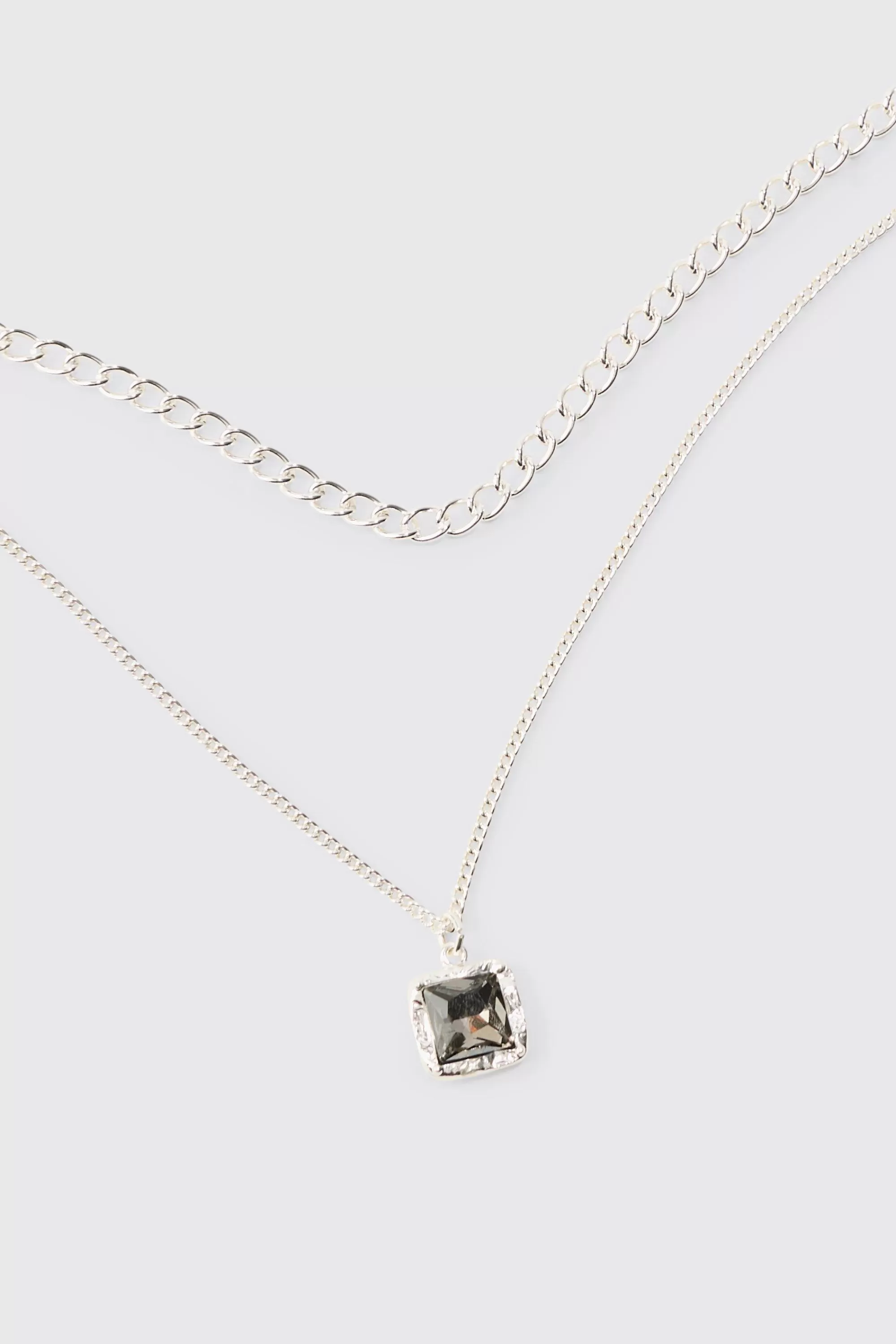 boohooMAN Multi Layer Chain Necklace With Blue Gem Stone Pendant | UK