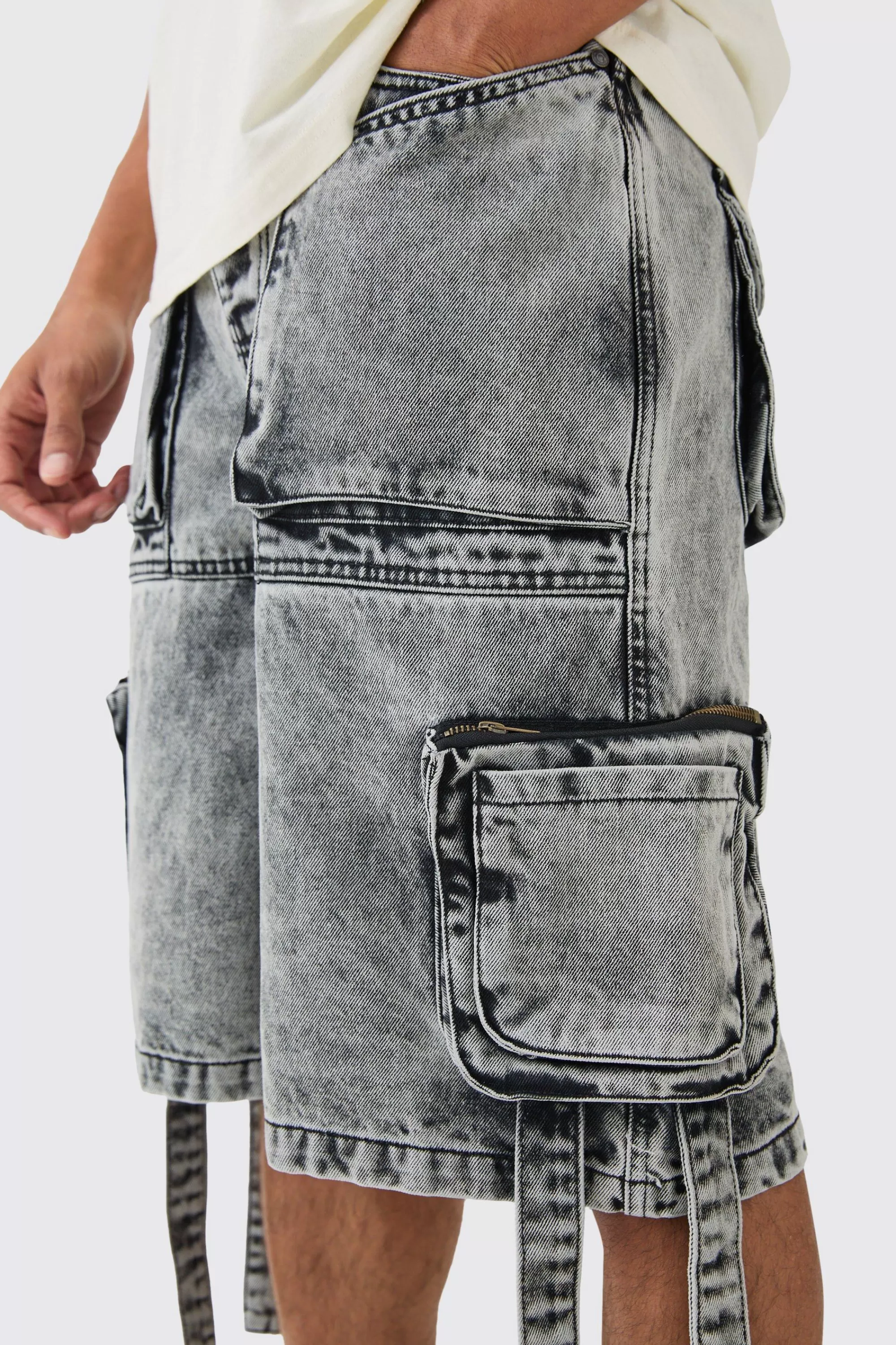 boohooMAN Multi Pocket Cargo Strap Denim Jorts In | UK