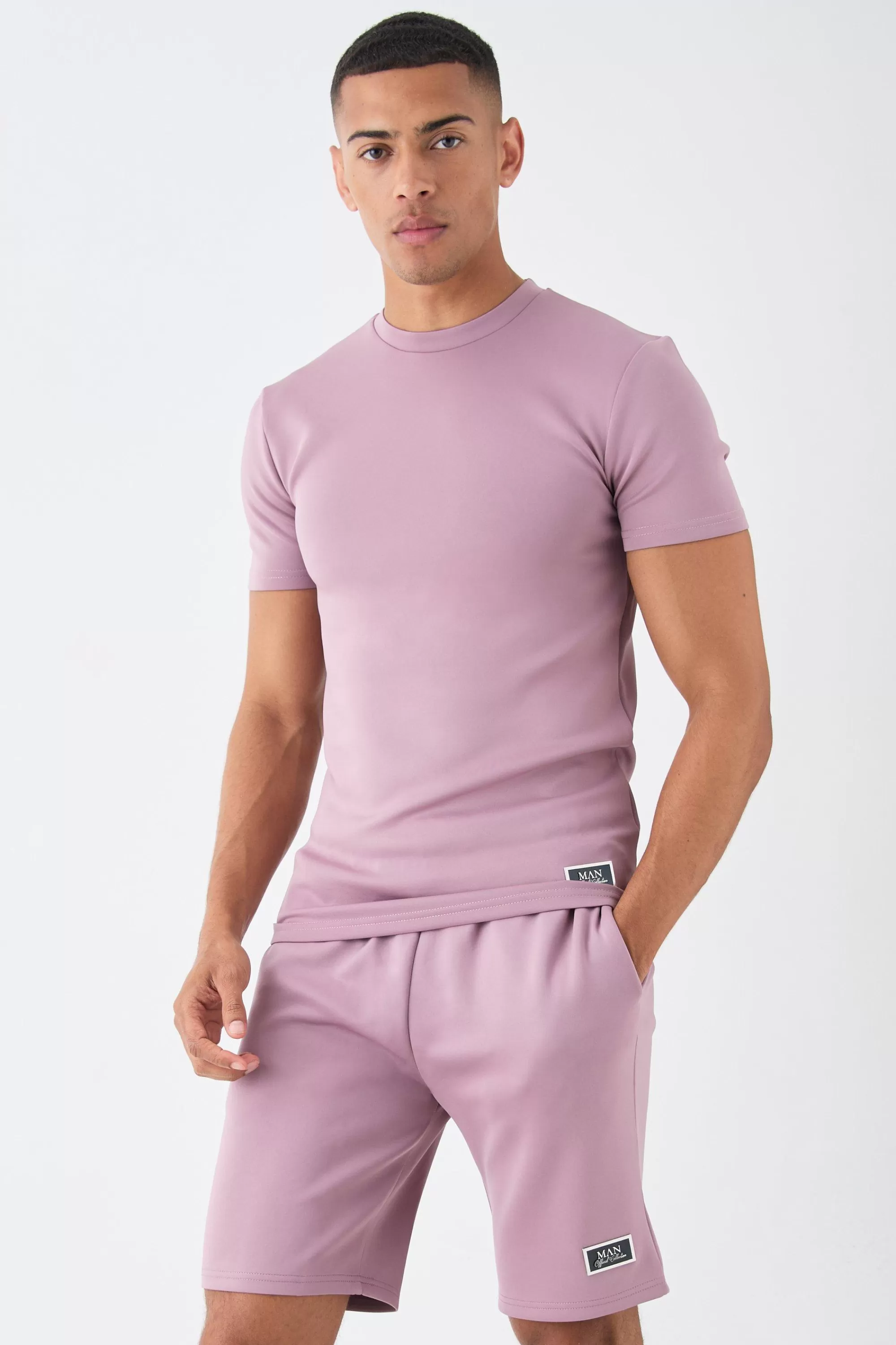 boohooMAN Muscle Fit Scuba T-shirt & Short Set | UK