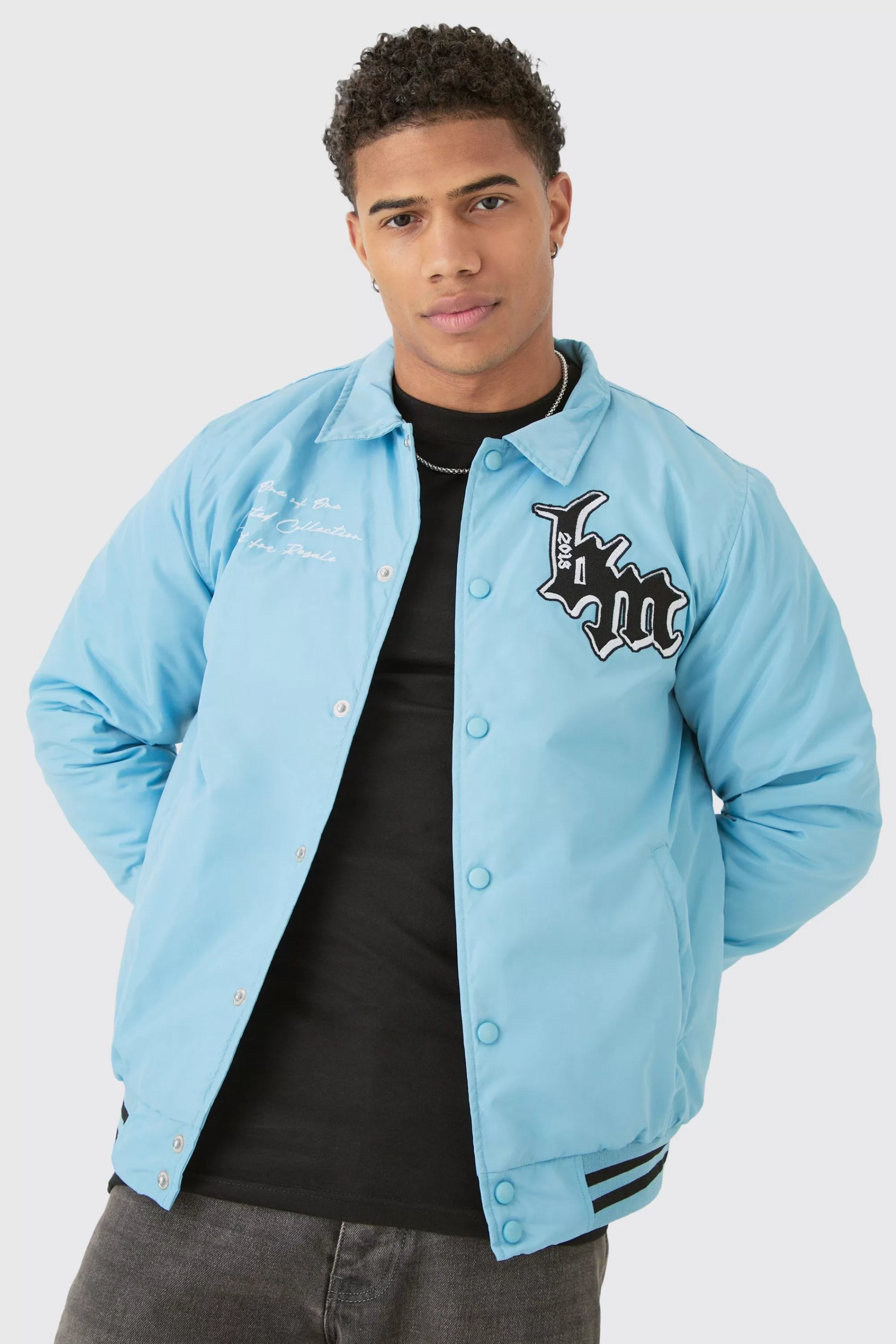 boohooMAN Nylon Bm Badge Collared Varsity Bomber In Blue | UK