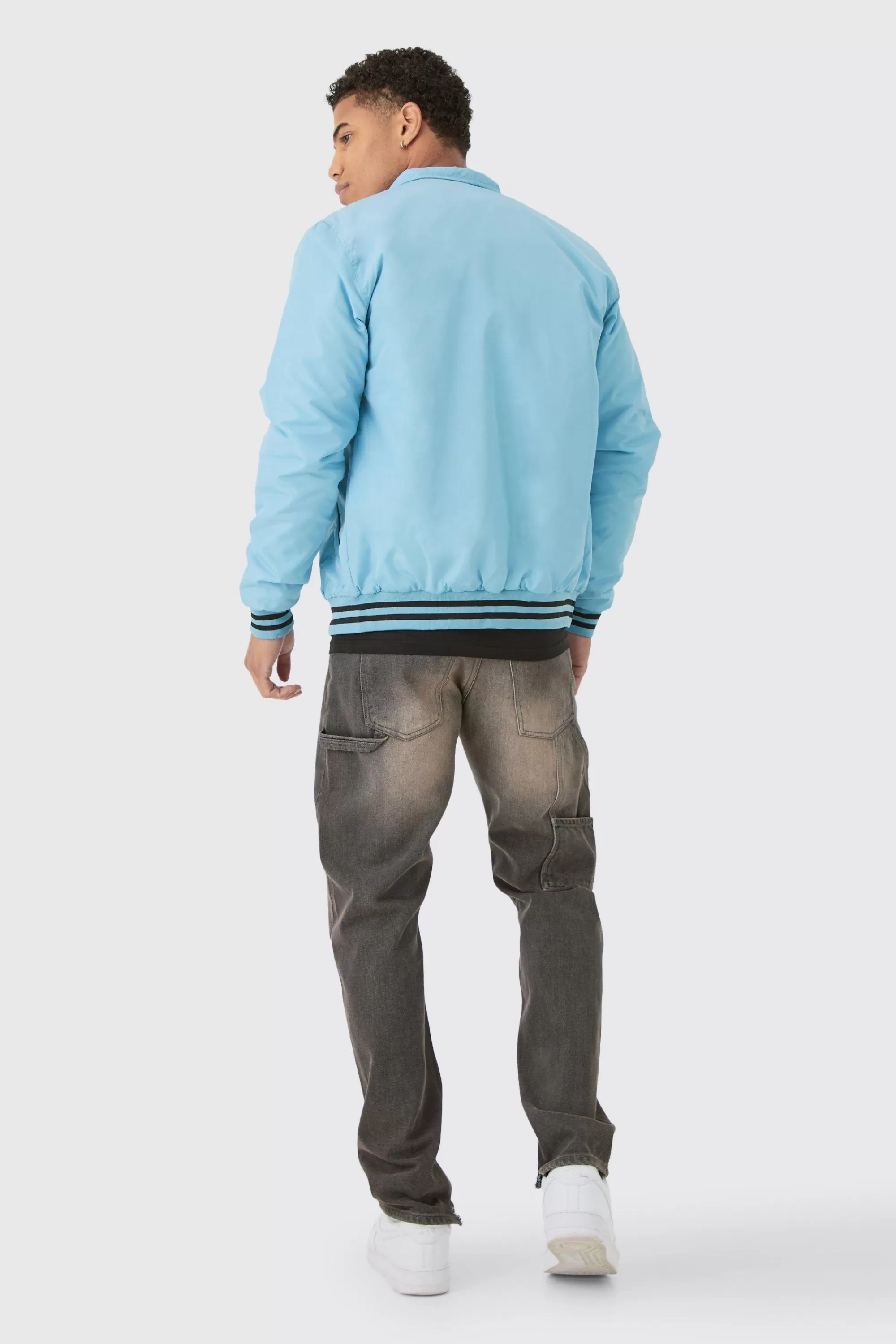 boohooMAN Nylon Bm Badge Collared Varsity Bomber In Blue | UK