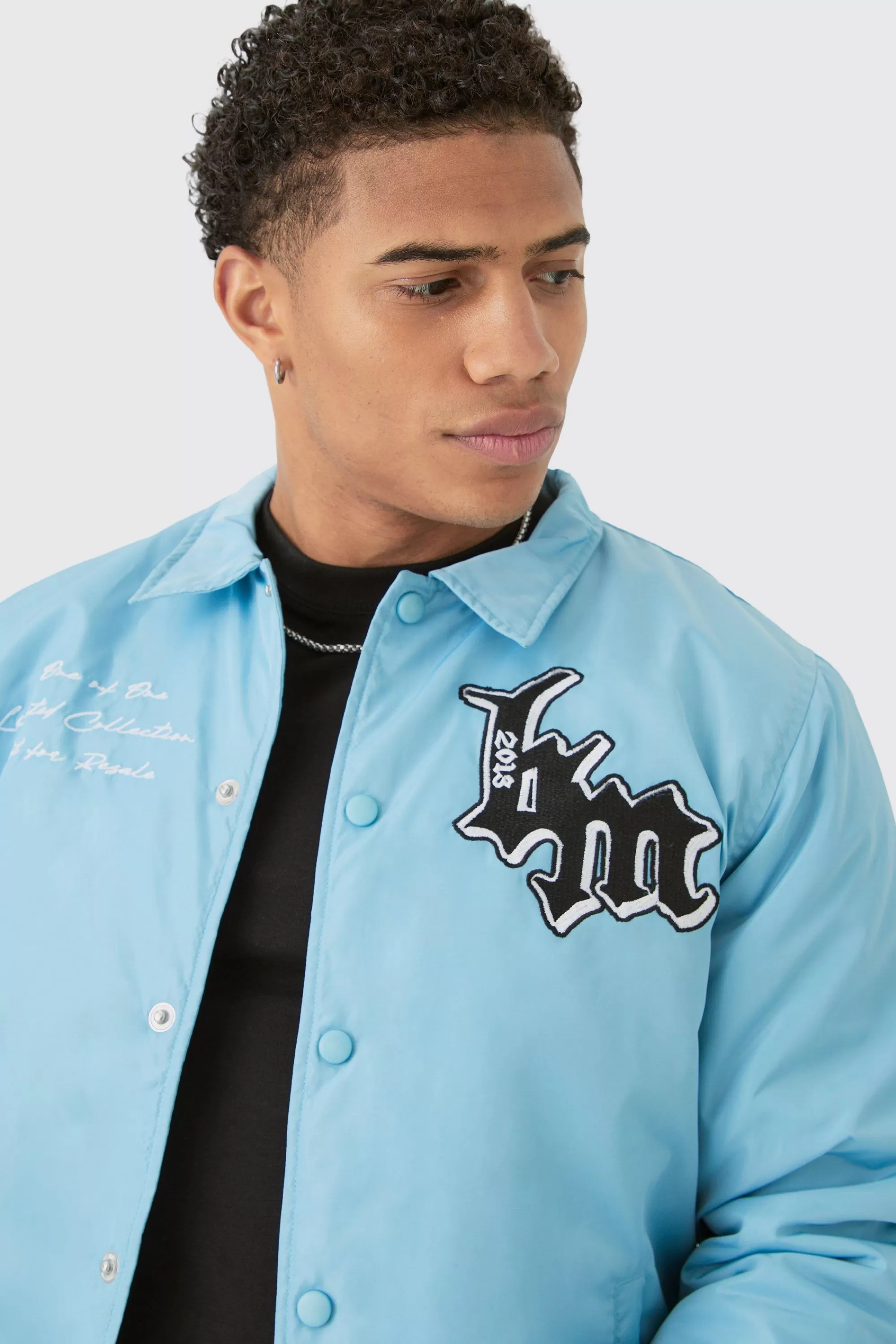 boohooMAN Nylon Bm Badge Collared Varsity Bomber In Blue | UK