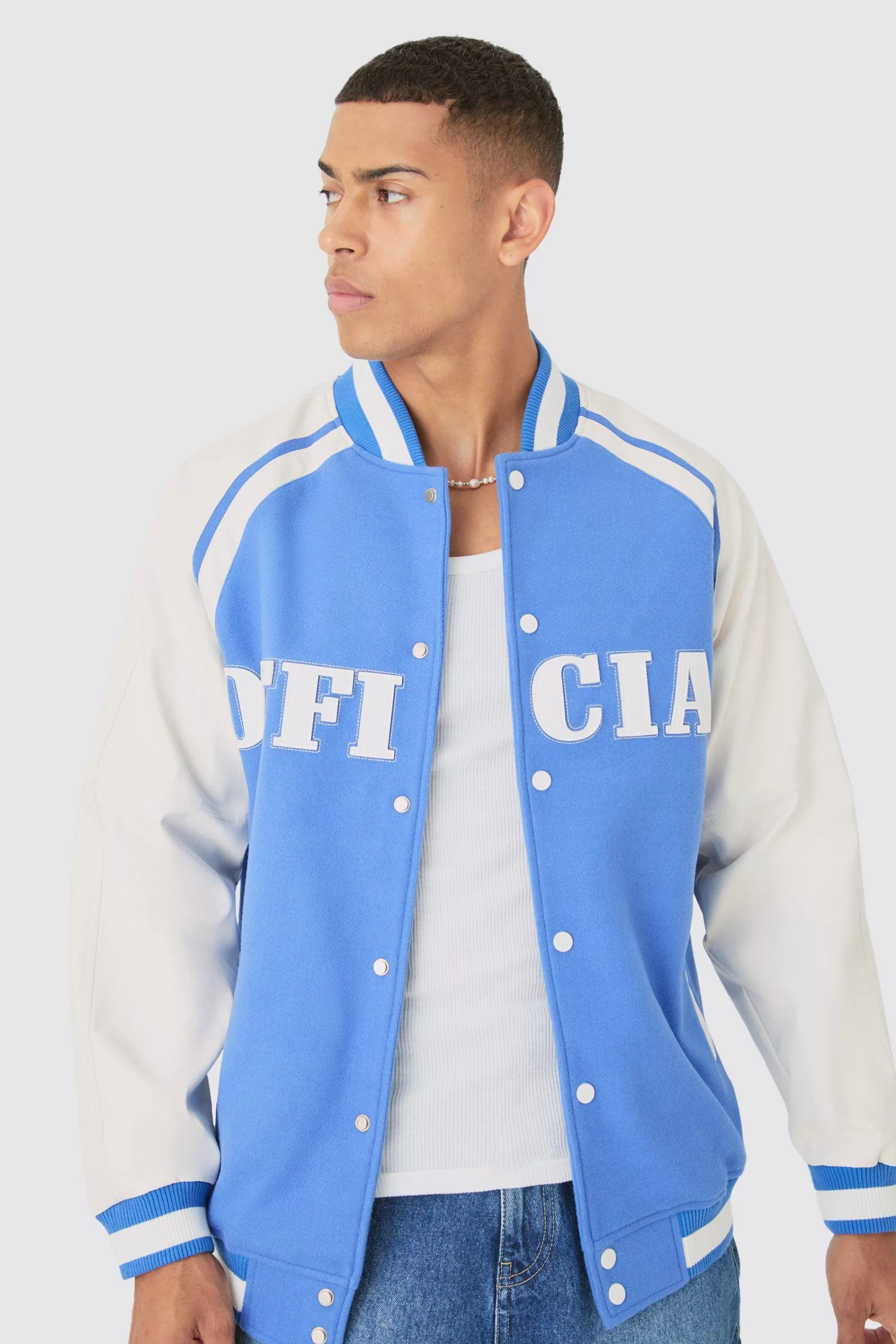 boohooMAN Official Badge Raglan PU Sleeve Varsity Jacket In | UK