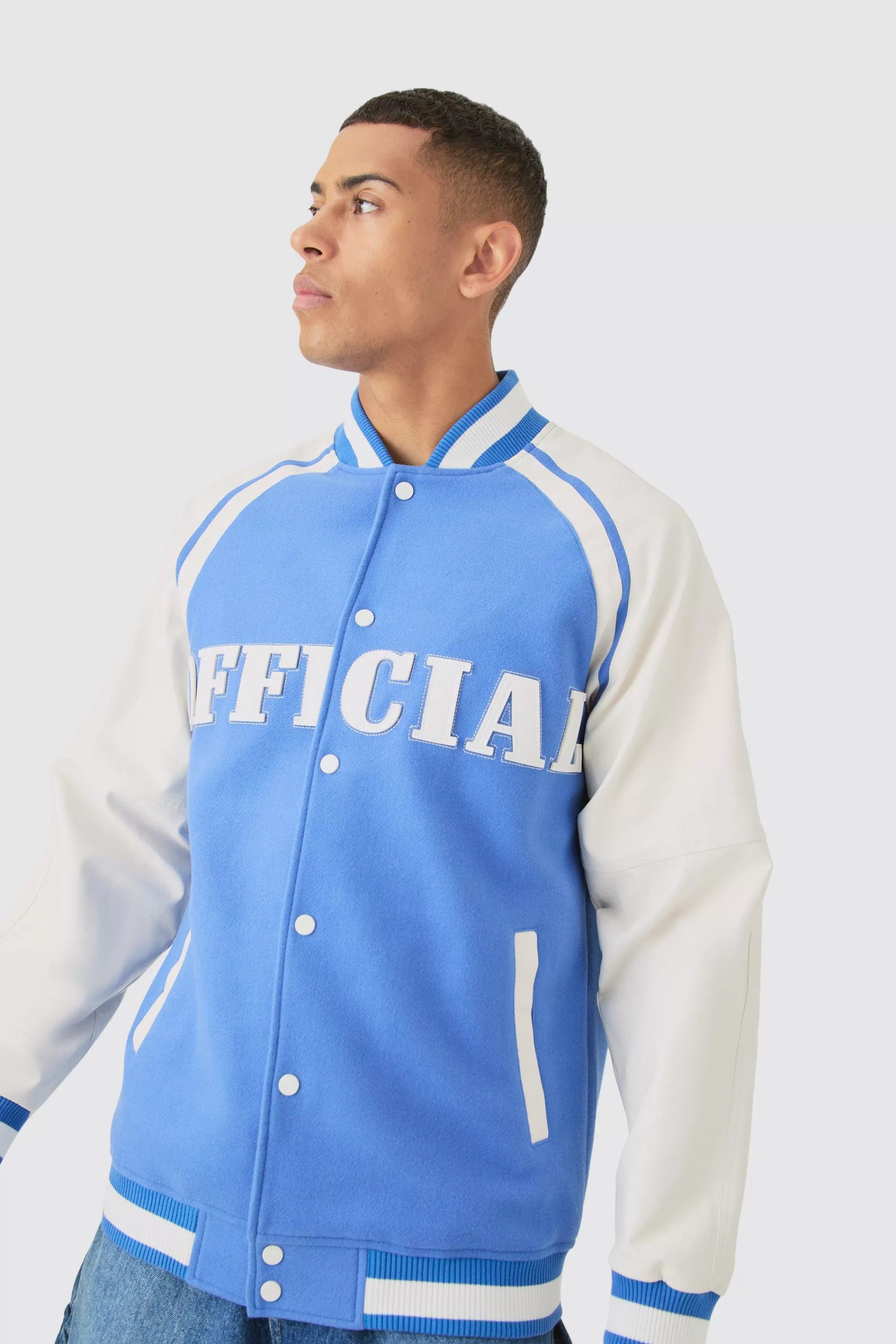 boohooMAN Official Badge Raglan PU Sleeve Varsity Jacket In | UK