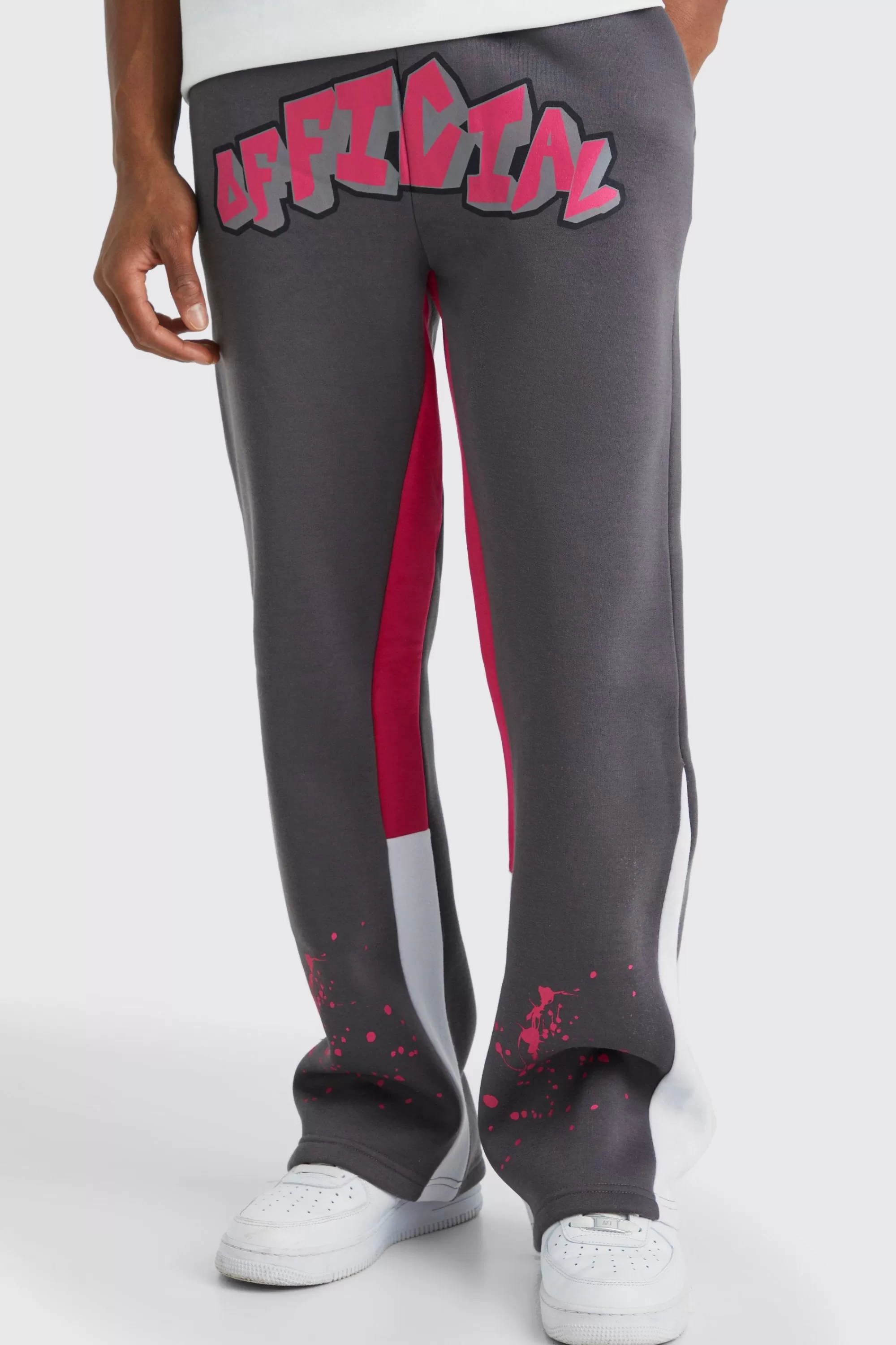 boohooMAN Official Graffiti Paint Splatter Gusset Joggers | UK