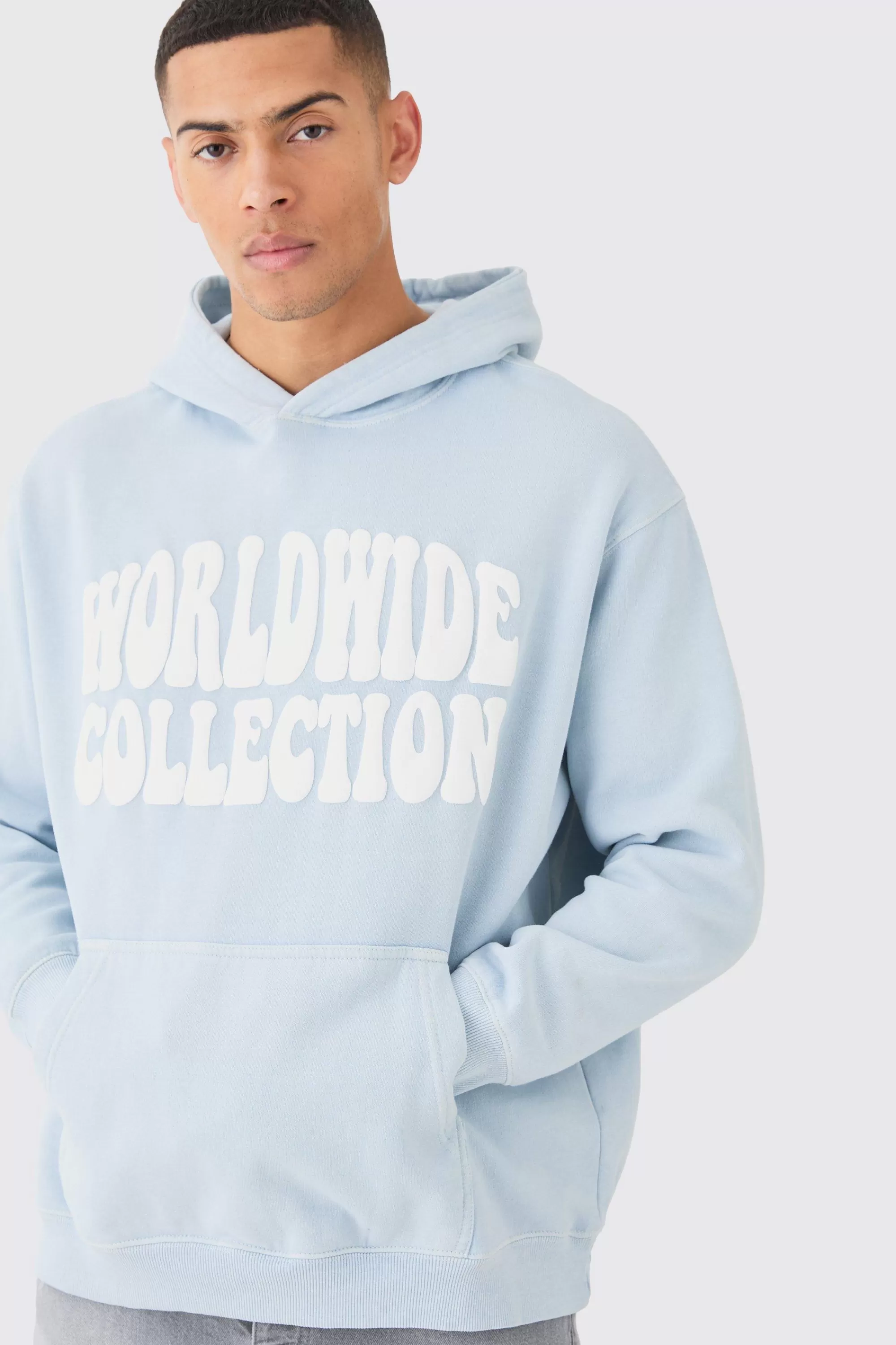 boohooMAN Overdye Worldwide Puff Print Hoodie | UK