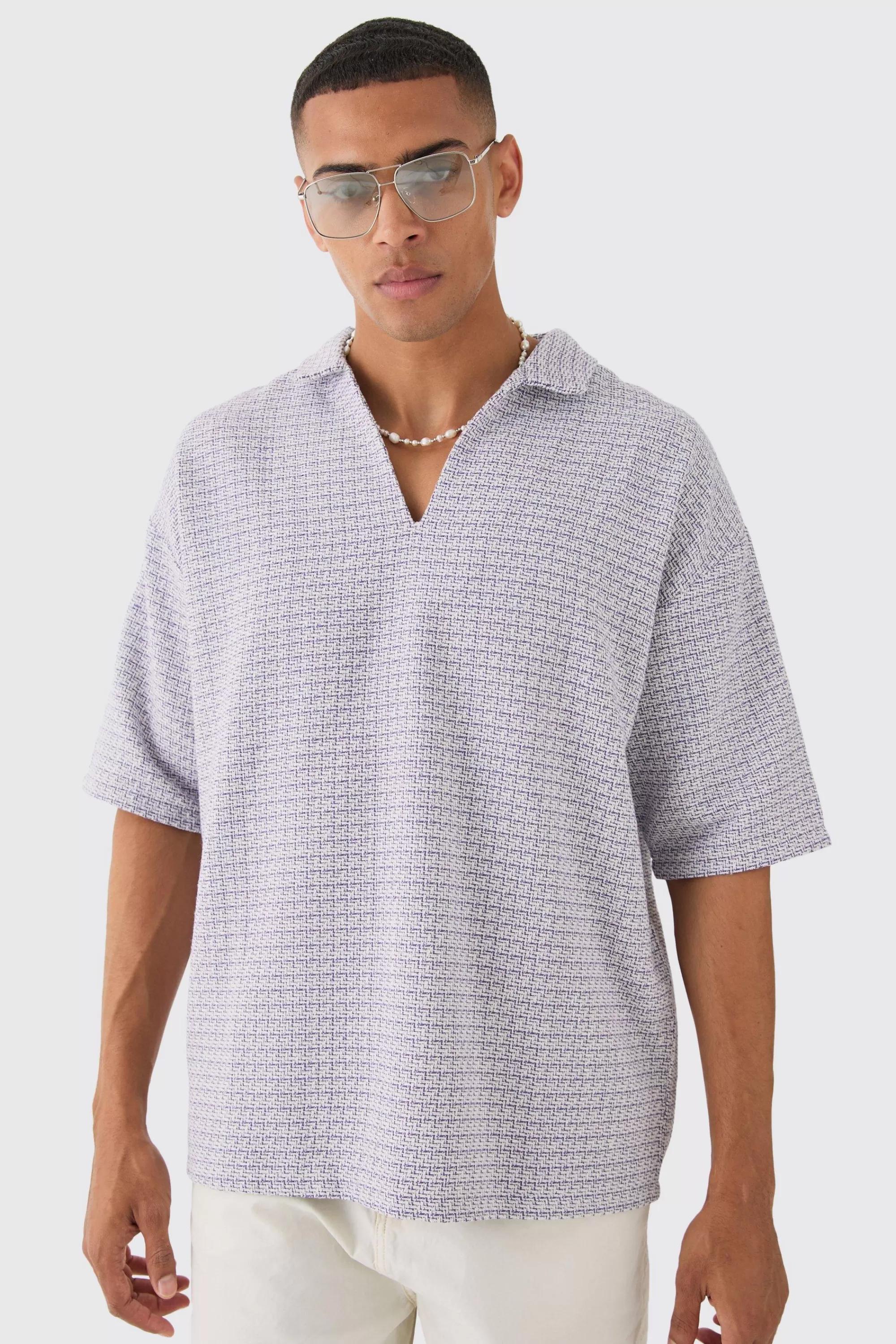 boohooMAN Overhead V Neck Geo Textured Shirt | UK