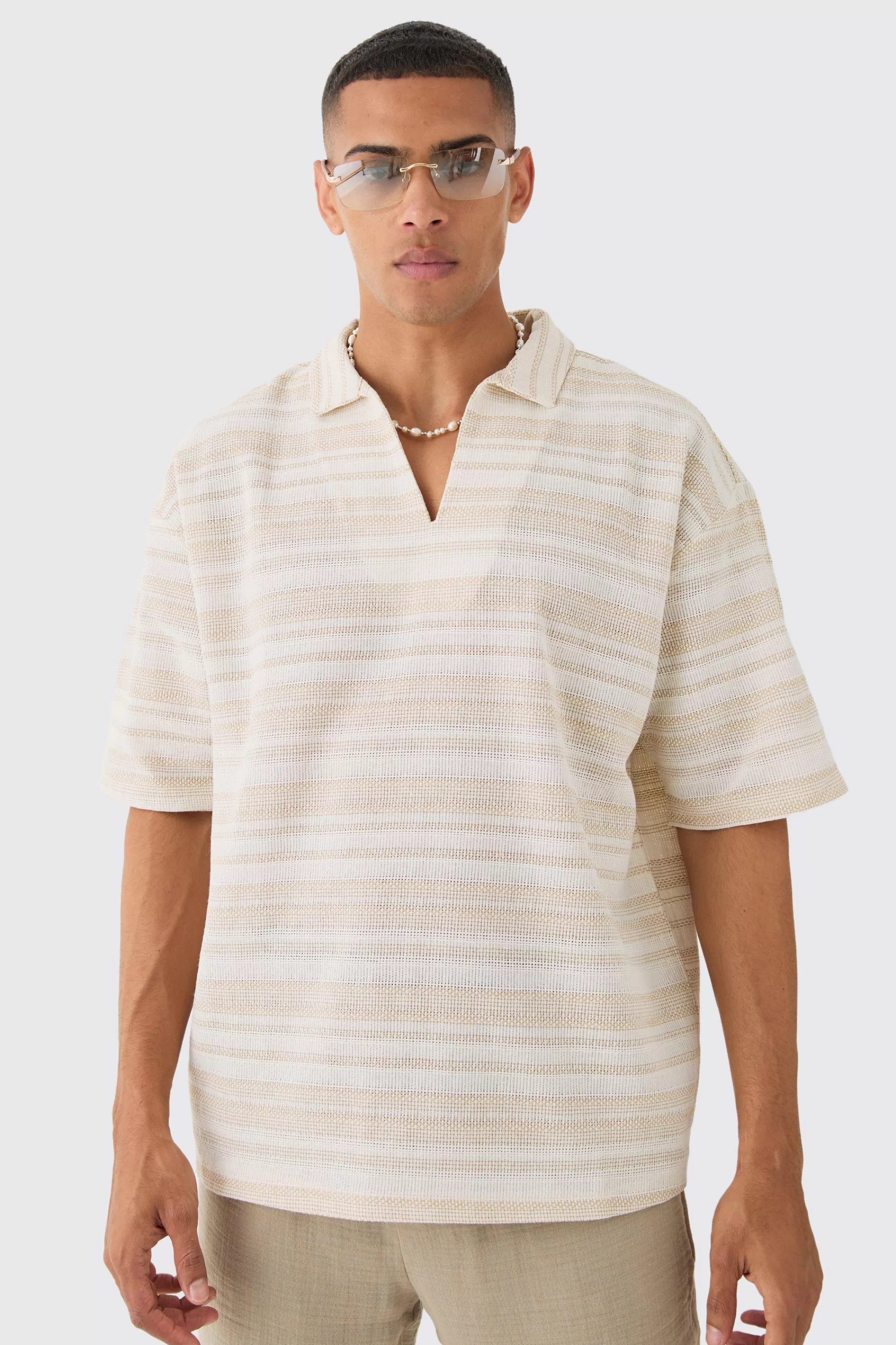 boohooMAN Overhead V Neck Woven Stripe Shirt | UK