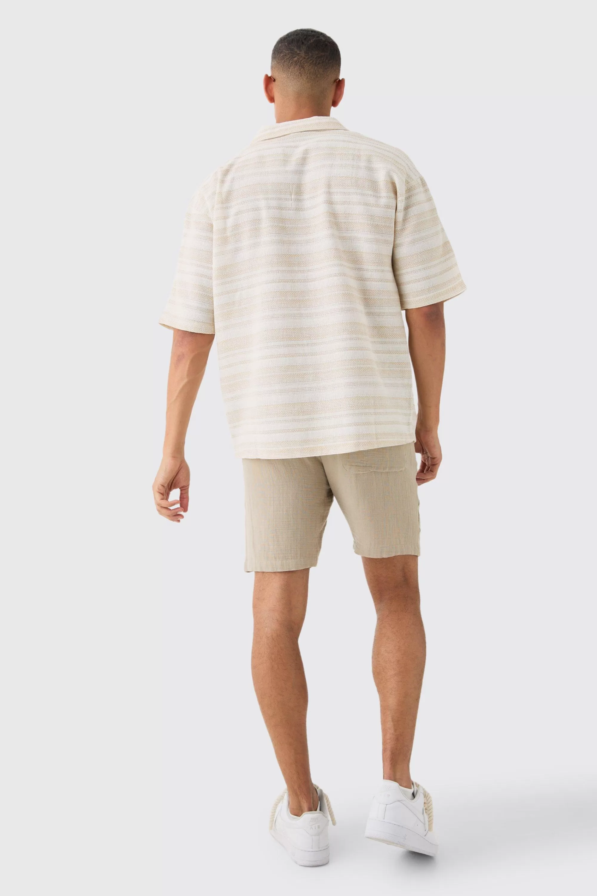 boohooMAN Overhead V Neck Woven Stripe Shirt | UK
