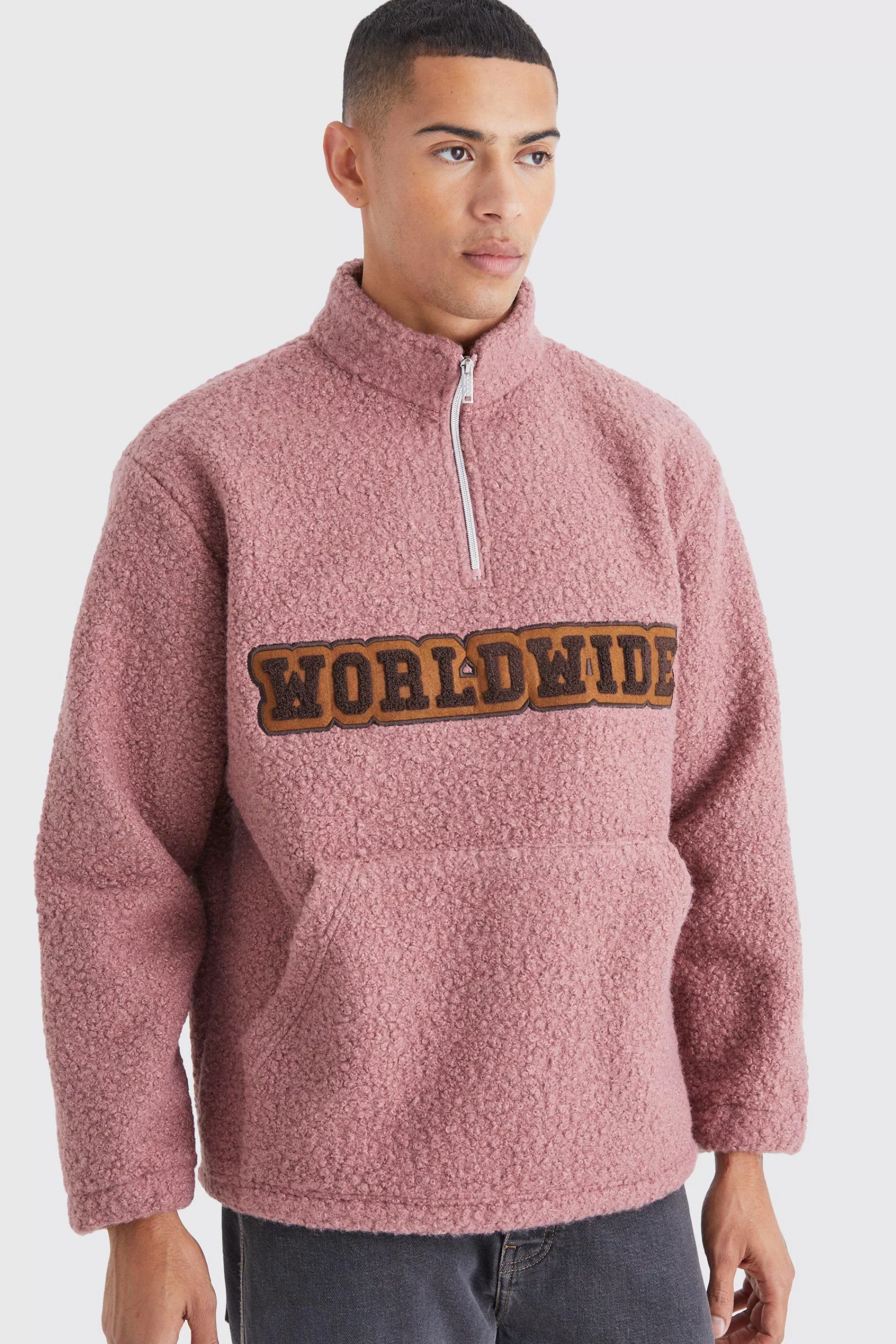 boohooMAN Oversized 1/4 Zip Boucle Applique Sweatshirt | UK