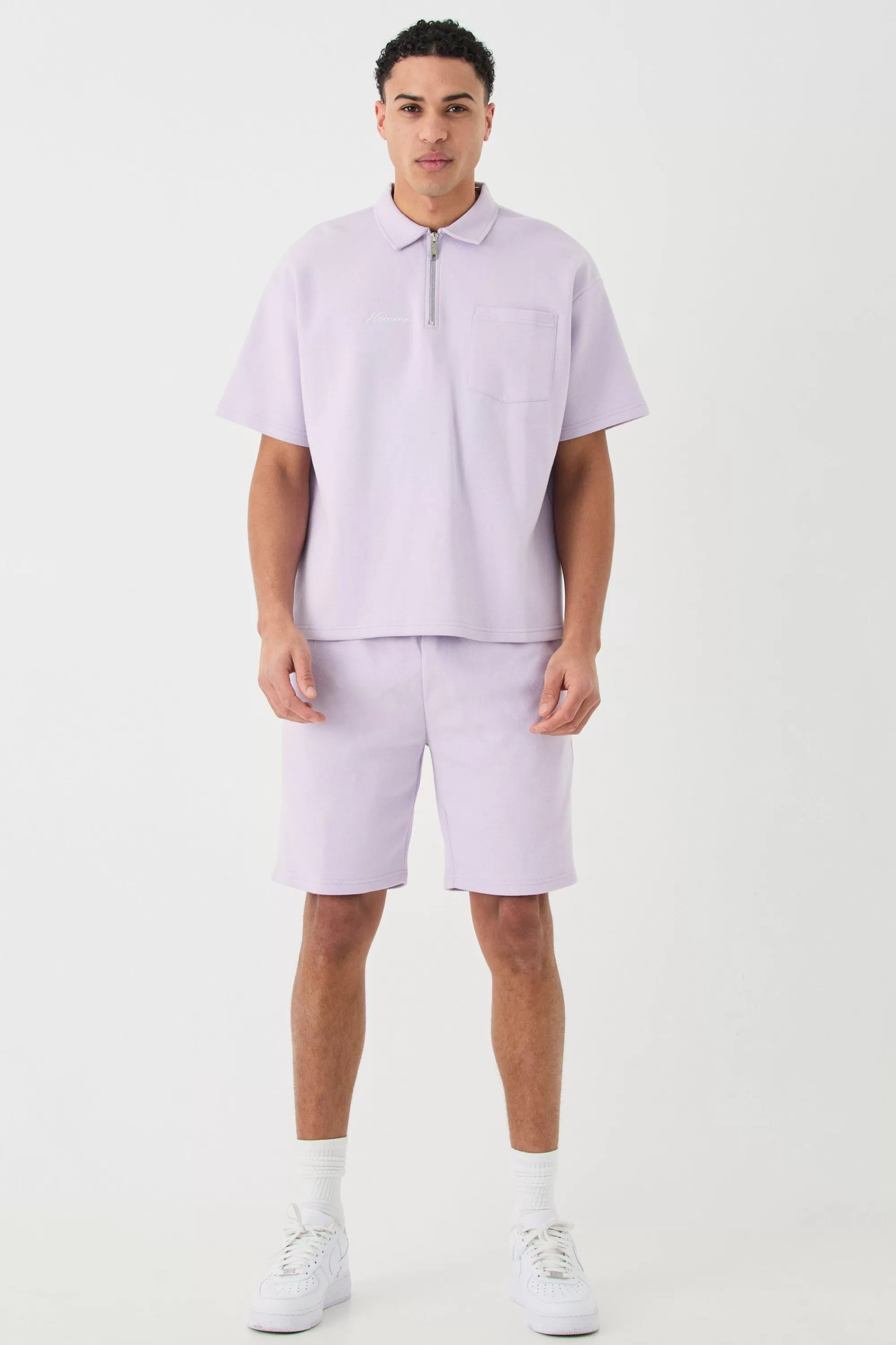 boohooMAN Oversized 1/4 Zip Embroidered Polo And Short Set | UK