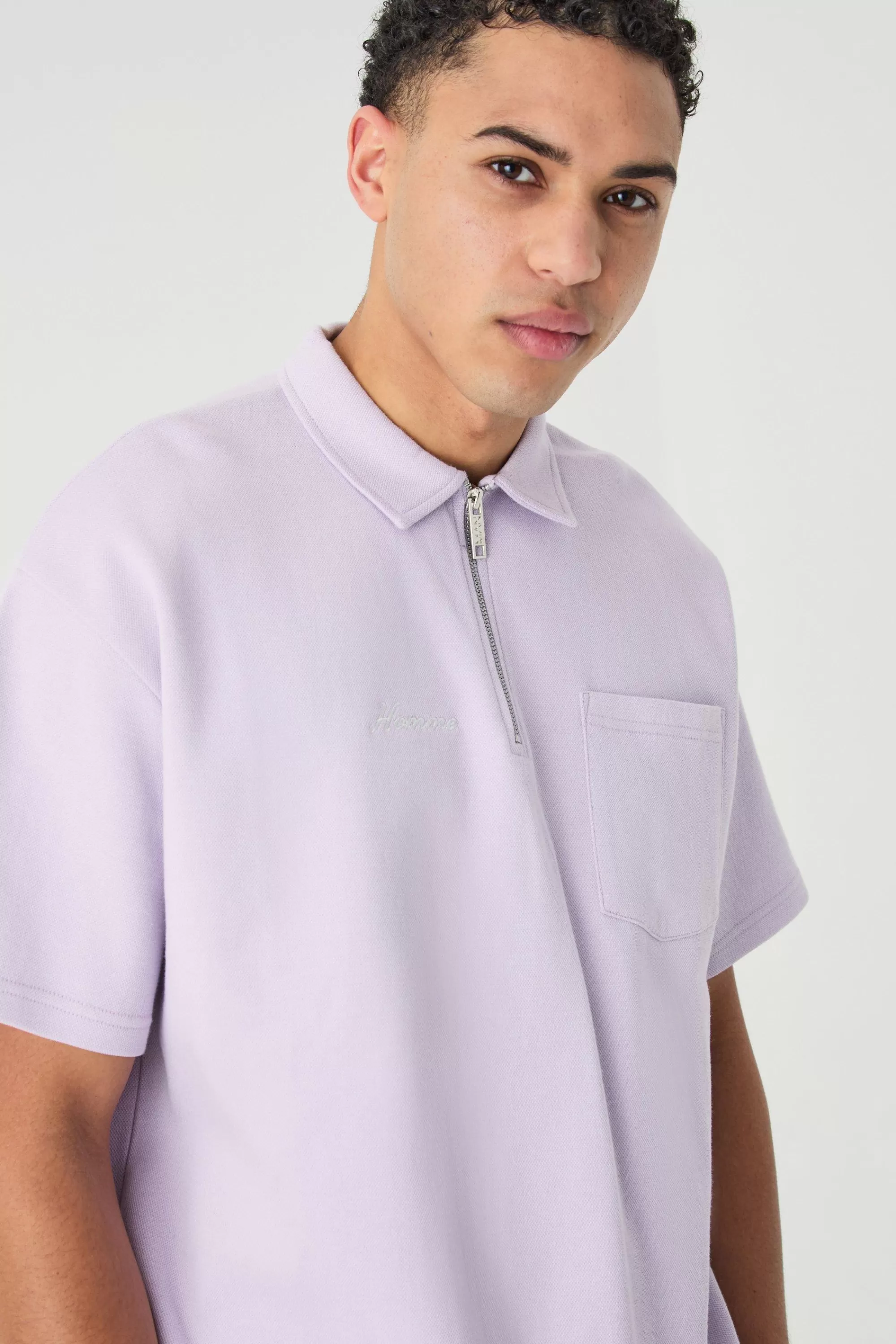 boohooMAN Oversized 1/4 Zip Embroidered Polo And Short Set | UK