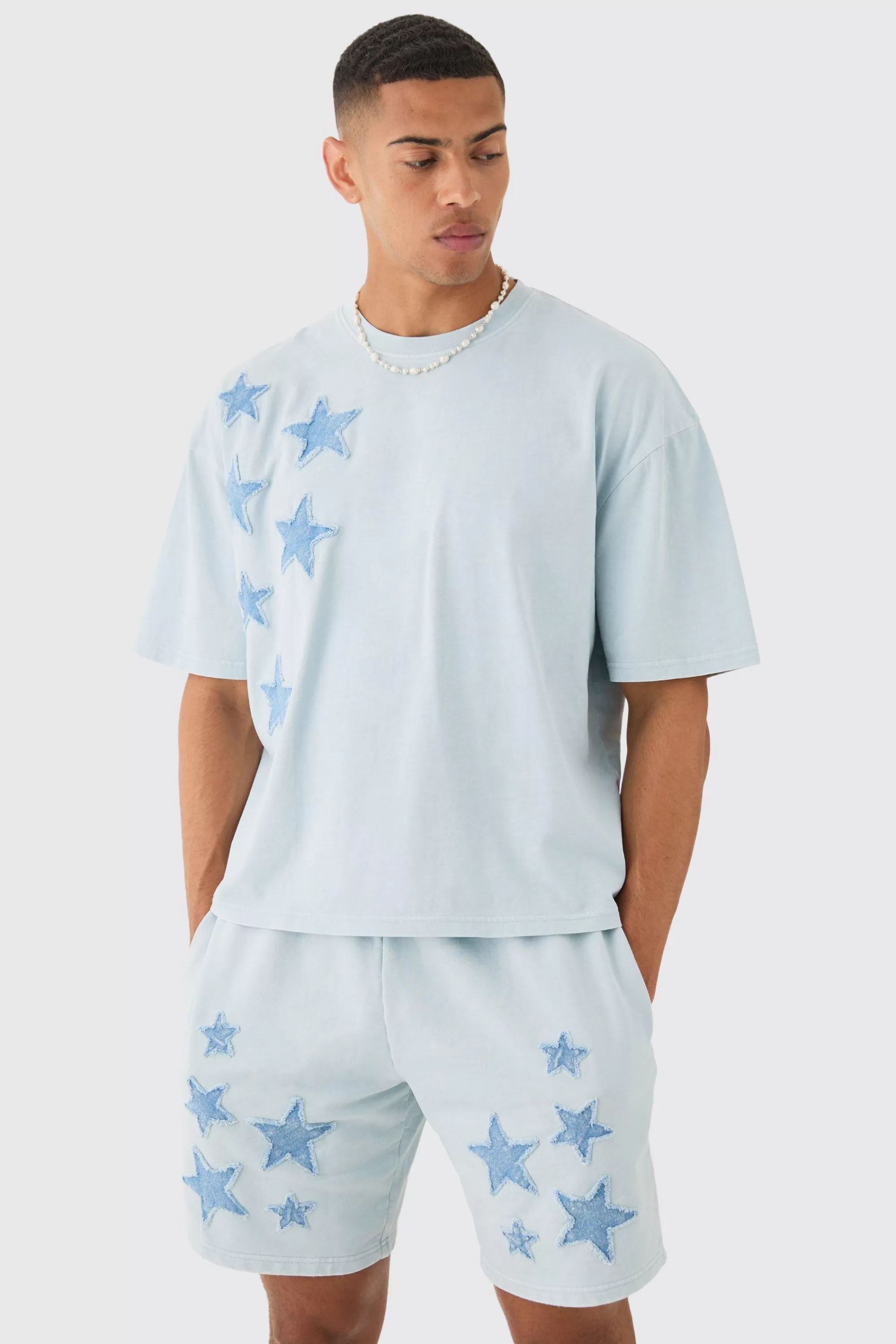boohooMAN Oversized Acid Wash Denim Stars Applique T-shirt & Shorts Set | UK