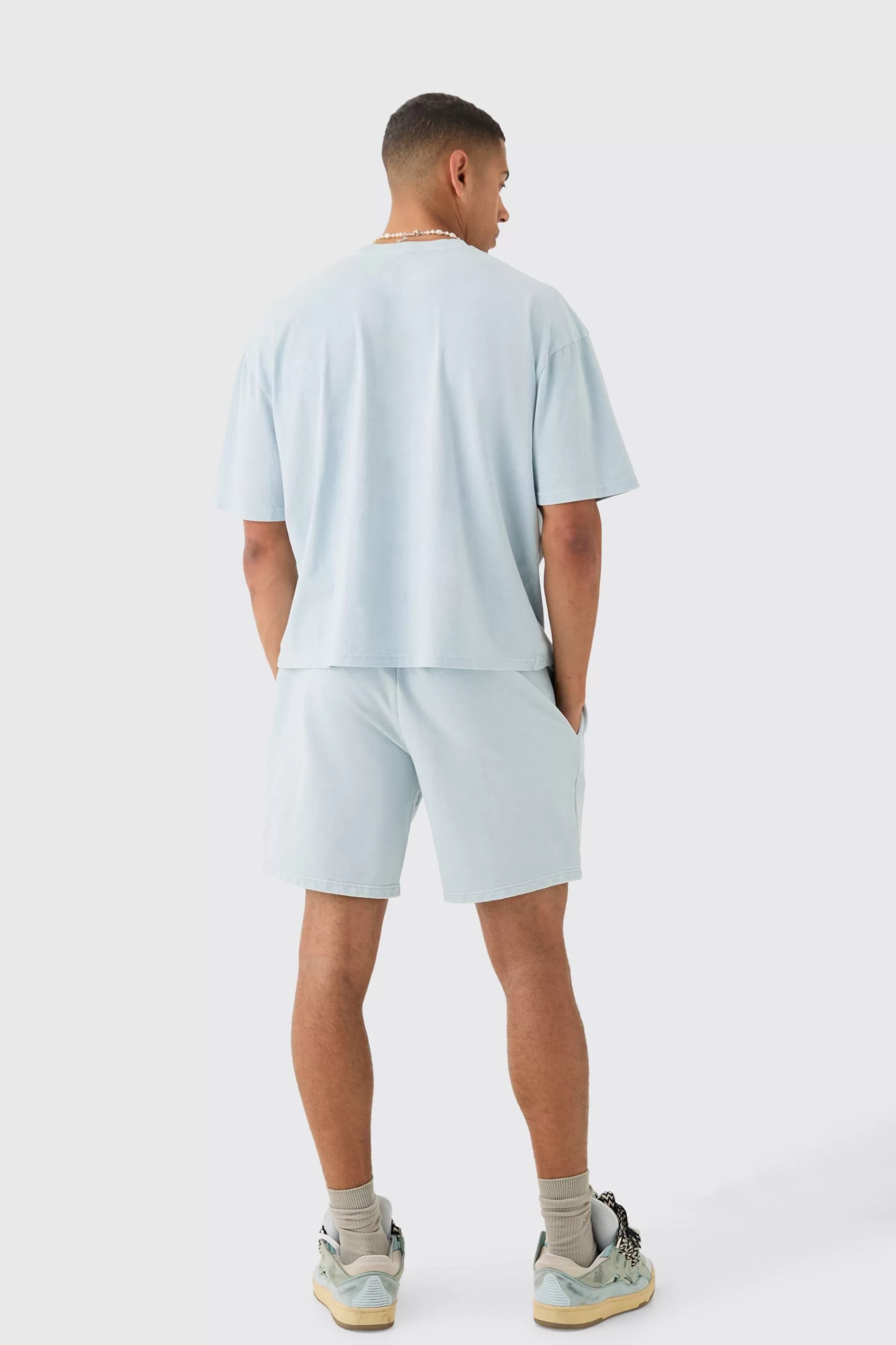 boohooMAN Oversized Acid Wash Denim Stars Applique T-shirt & Shorts Set | UK