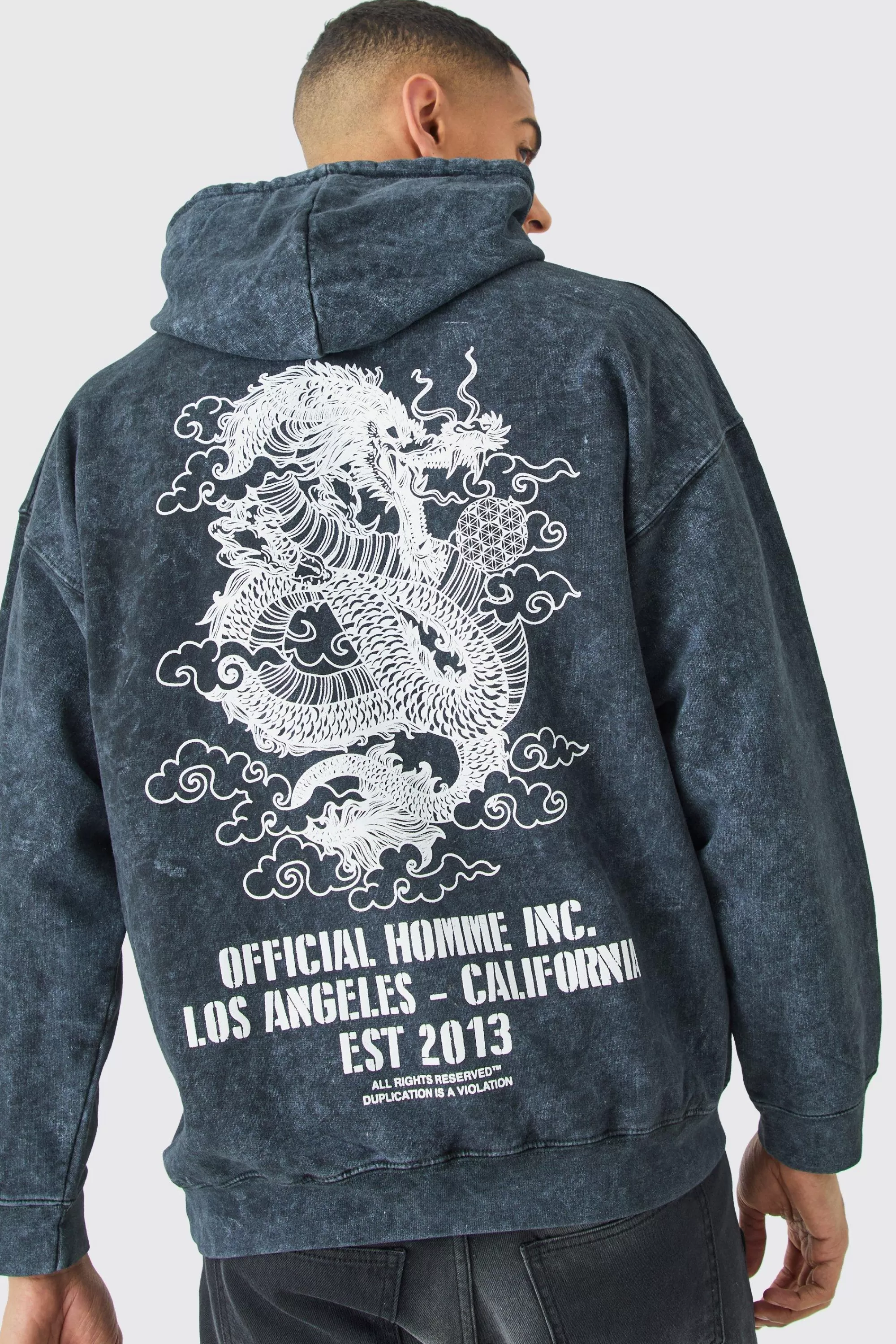 boohooMAN Oversized Acid Wash Dragon Graphic Hoodie | UK