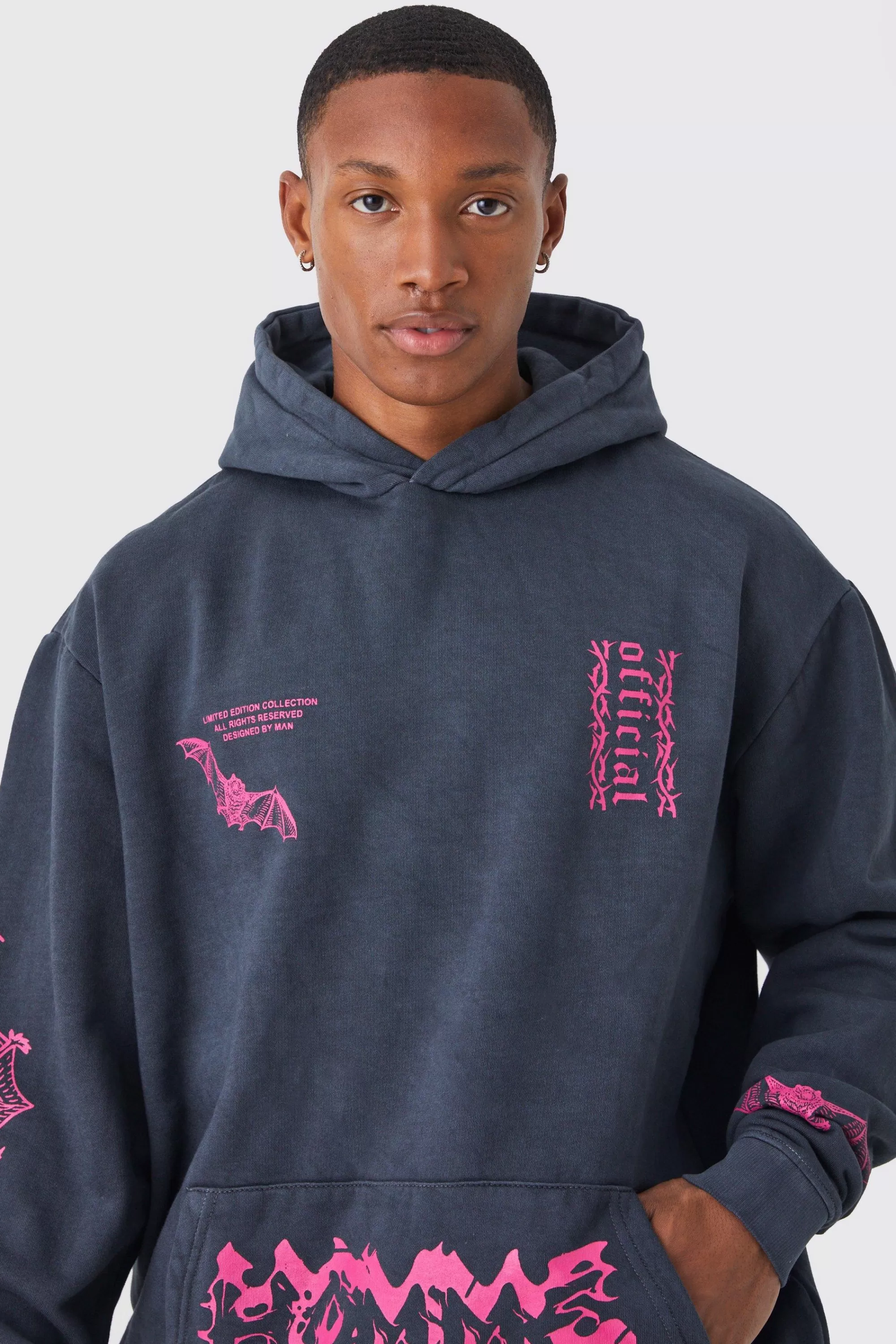 boohooMAN Oversized Acid Wash Multi Placement Hoodie | UK