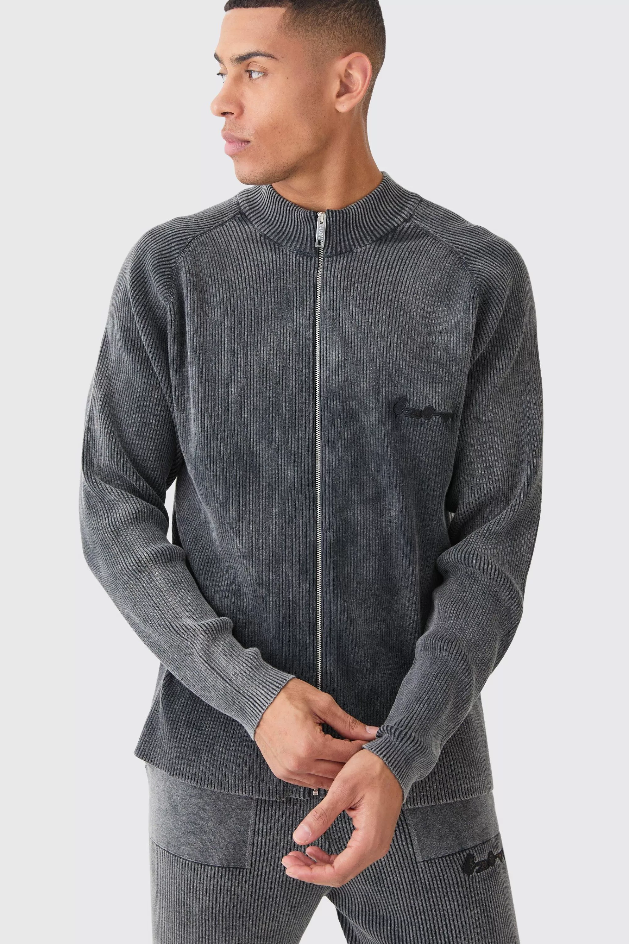 boohooMAN Oversized Acid Wash Ribbed Knitted Bomber | UK
