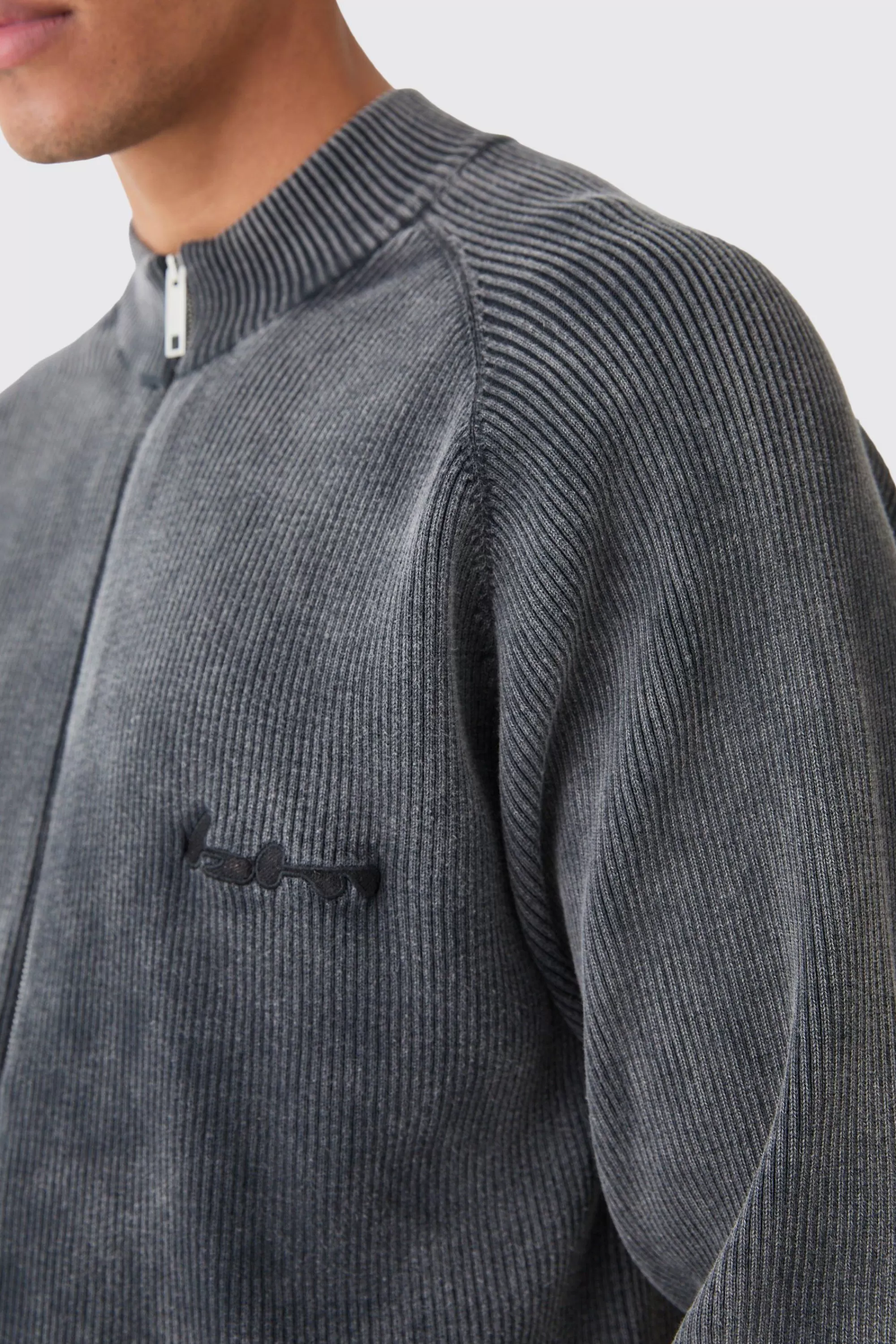 boohooMAN Oversized Acid Wash Ribbed Knitted Bomber | UK