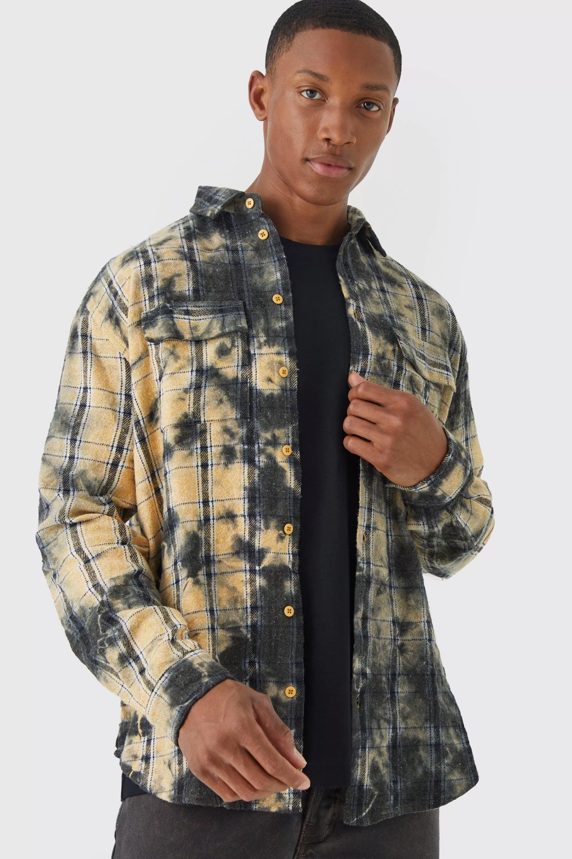 boohooMAN Oversized All Over Bleach Check Shirt | UK