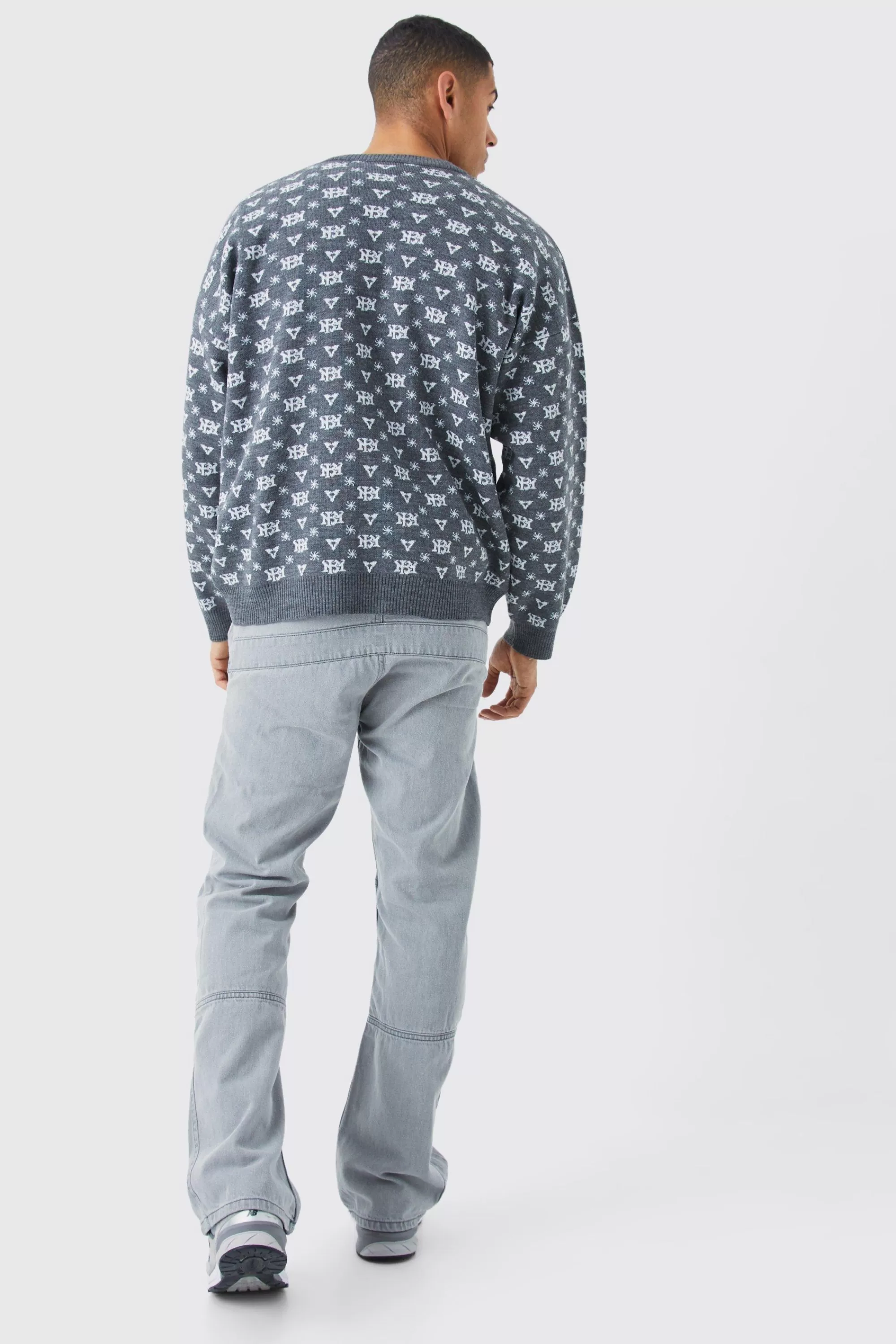 boohooMAN Oversized All Over Print Knit Jumper | UK
