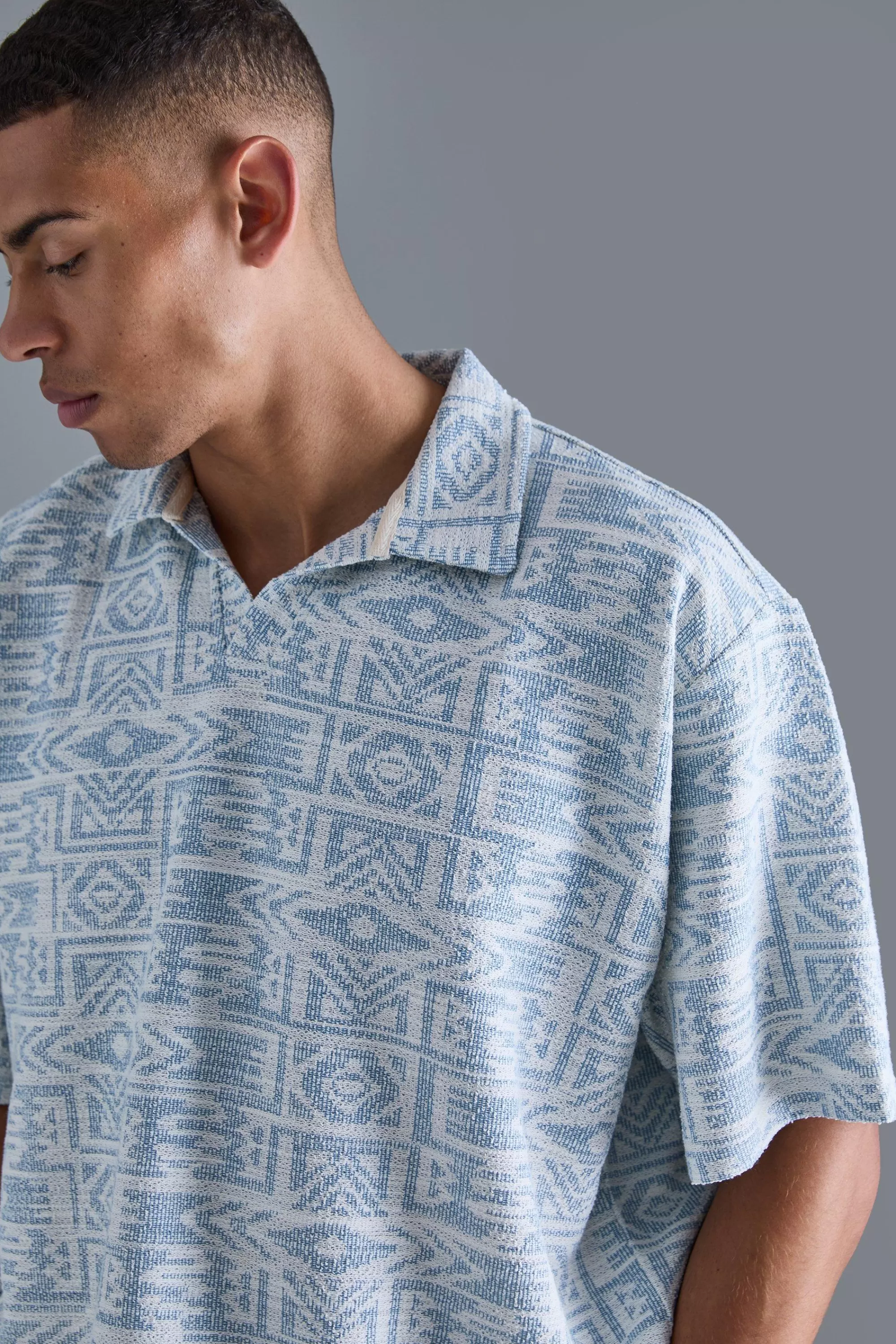 boohooMAN Oversized Aztec Jacquard Rugby Half Sleeve Sweatshirt | UK