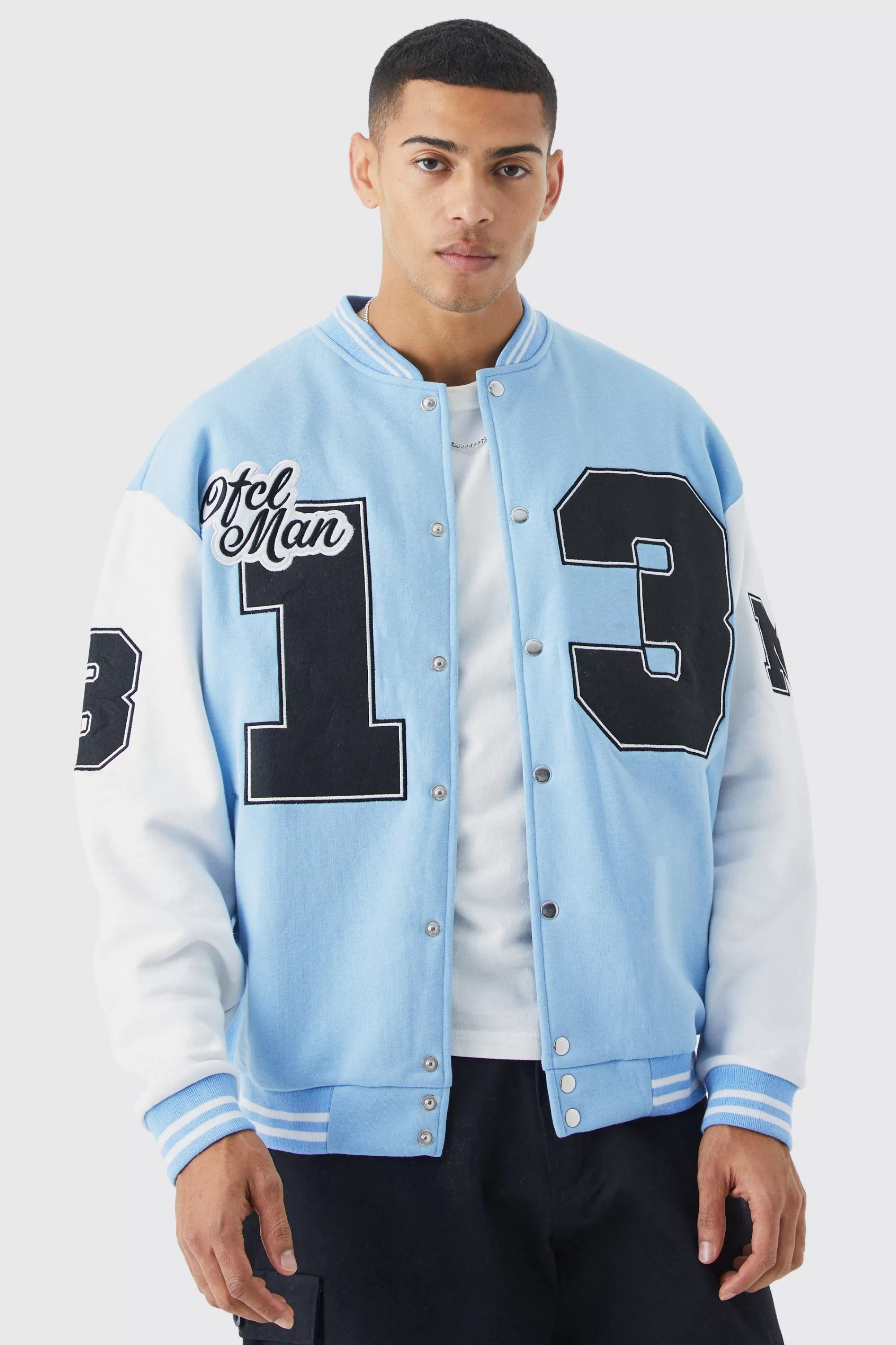 boohooMAN Oversized Badge Jersey Varsity Bomber Jacket | UK