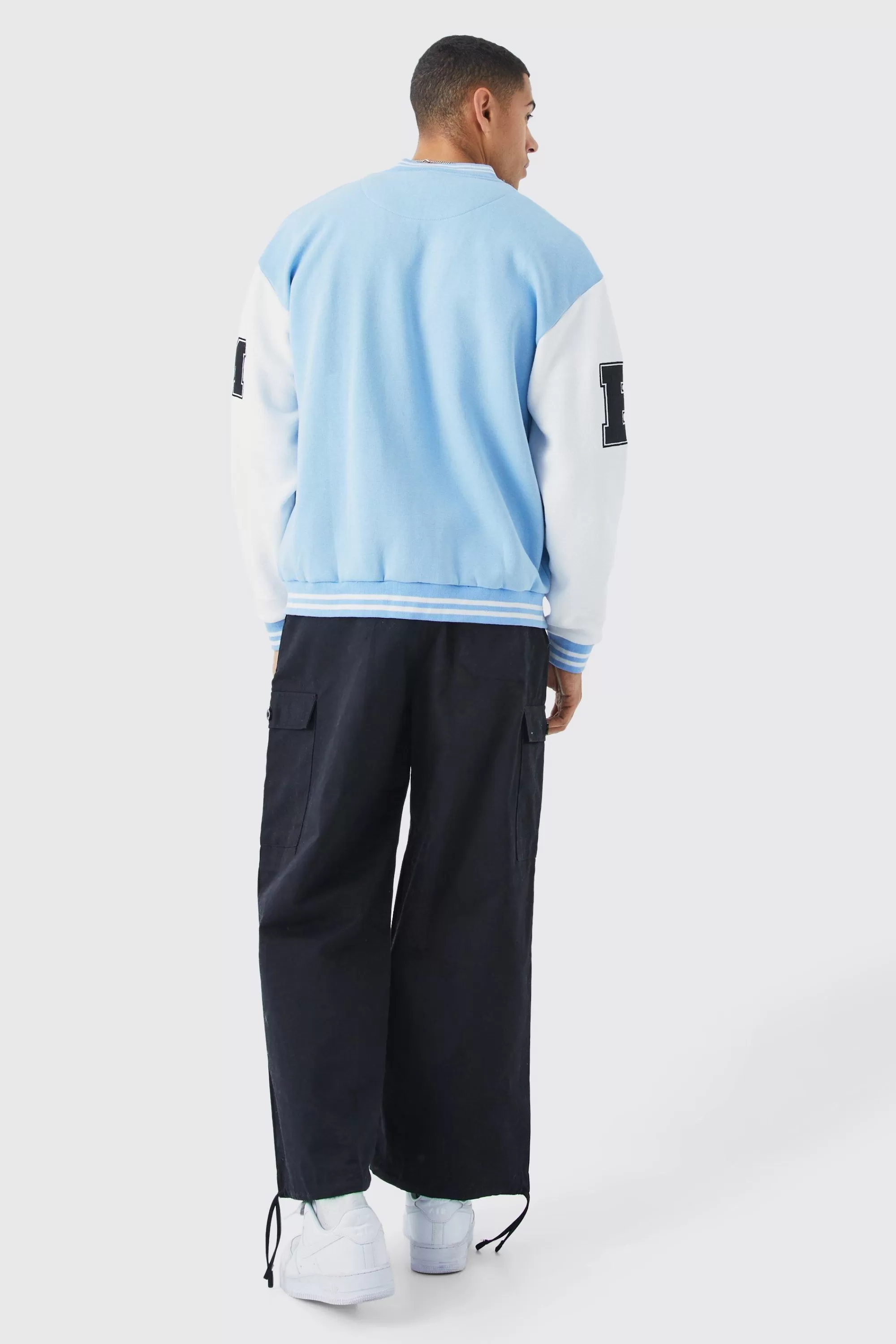boohooMAN Oversized Badge Jersey Varsity Bomber Jacket | UK