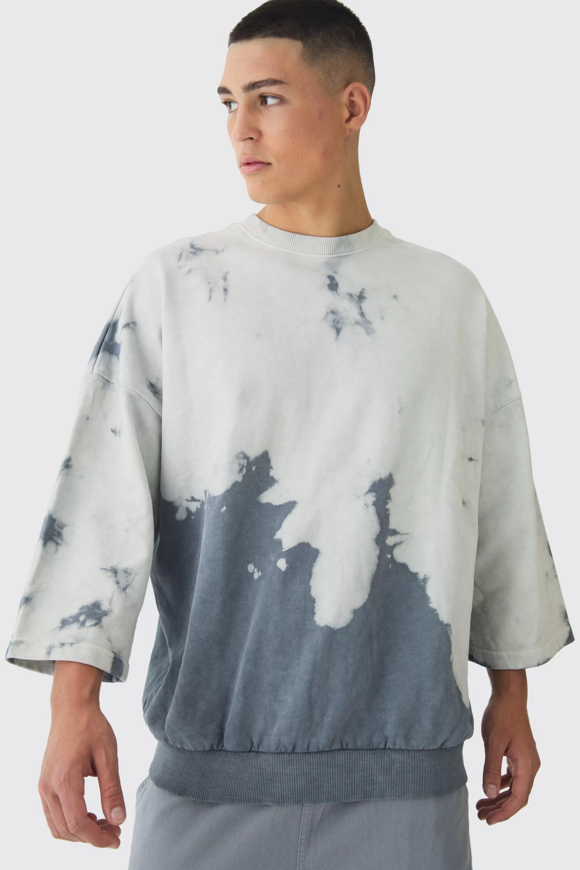 boohooMAN Oversized Bleach Dye Half Sleeve Loopback Sweatshirt | UK