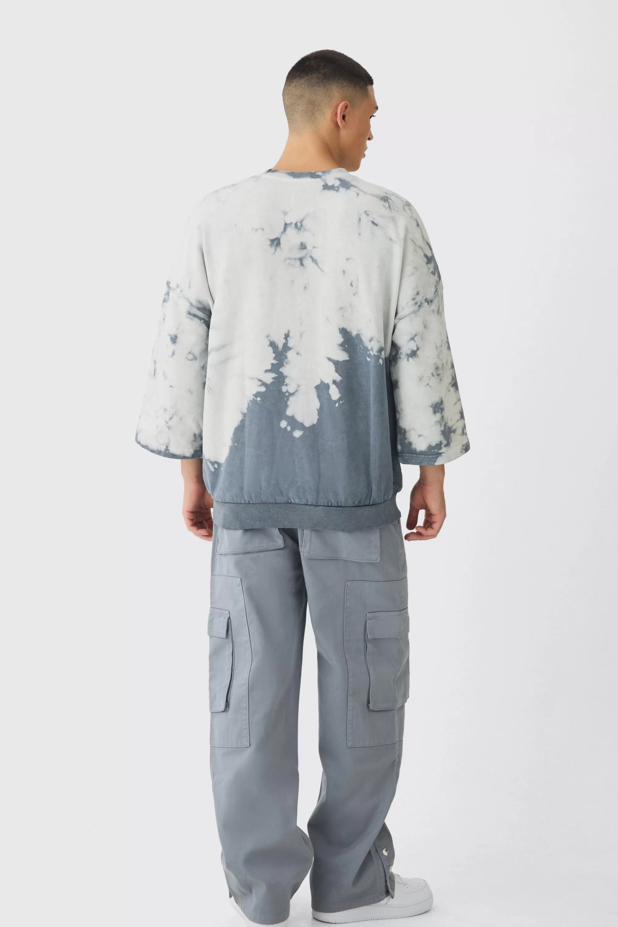 boohooMAN Oversized Bleach Dye Half Sleeve Loopback Sweatshirt | UK
