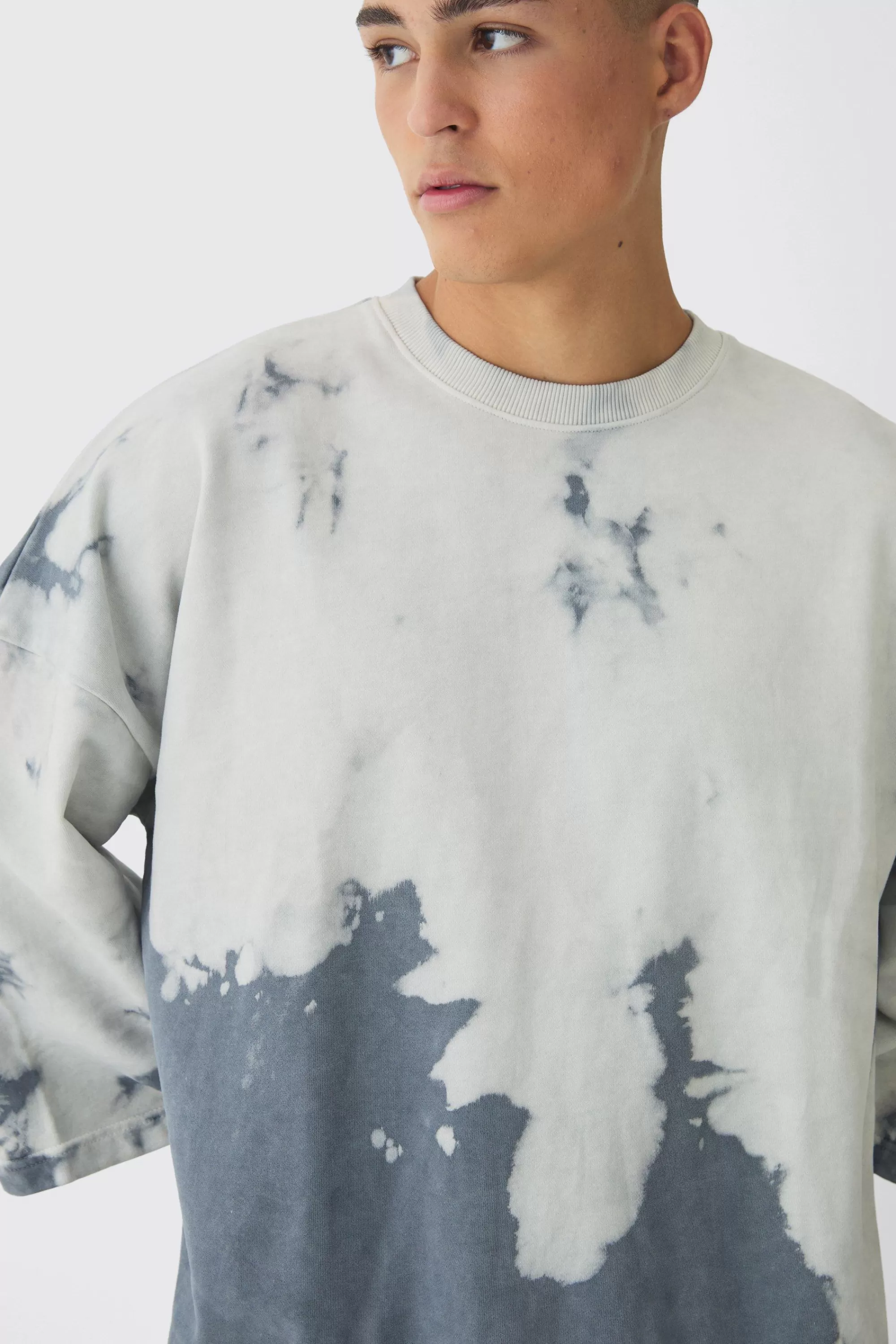 boohooMAN Oversized Bleach Dye Half Sleeve Loopback Sweatshirt | UK