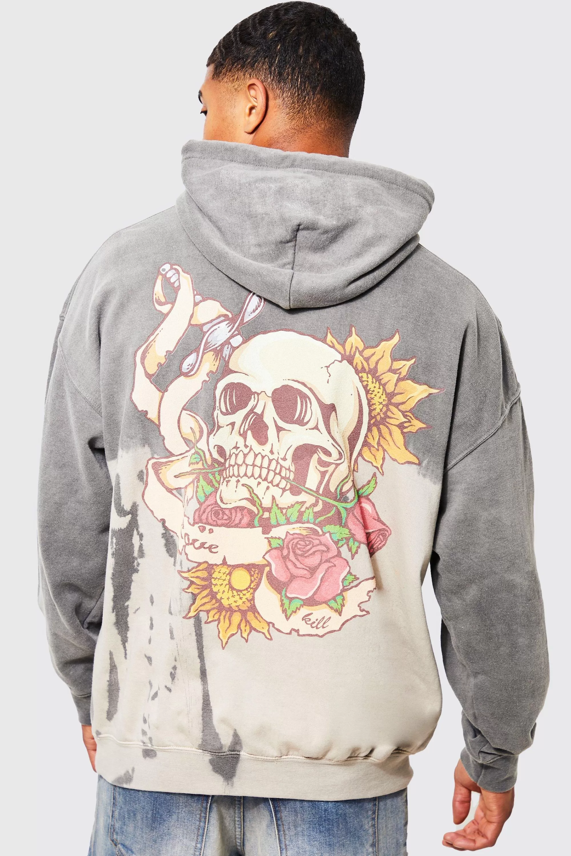 boohooMAN Oversized Bleach Tie Dye Skull Graphic Hoodie | UK