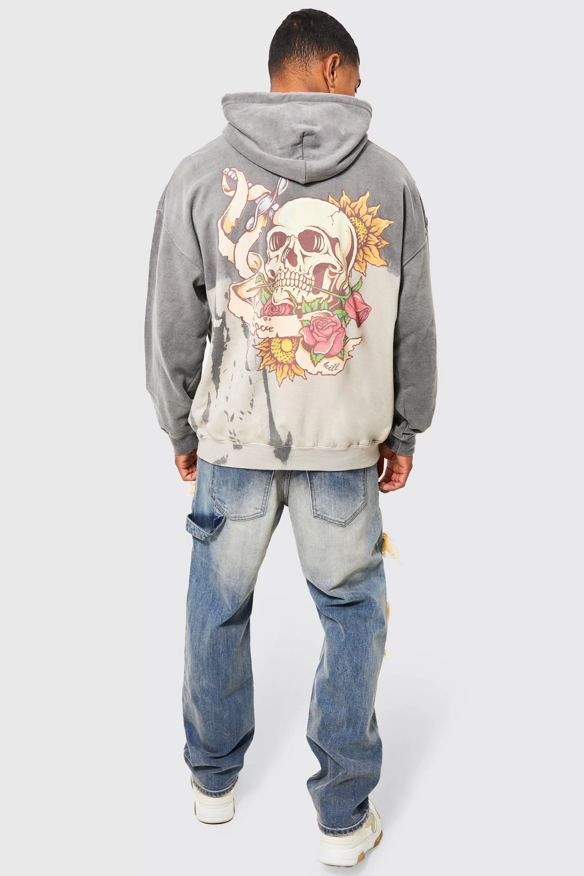 boohooMAN Oversized Bleach Tie Dye Skull Graphic Hoodie | UK