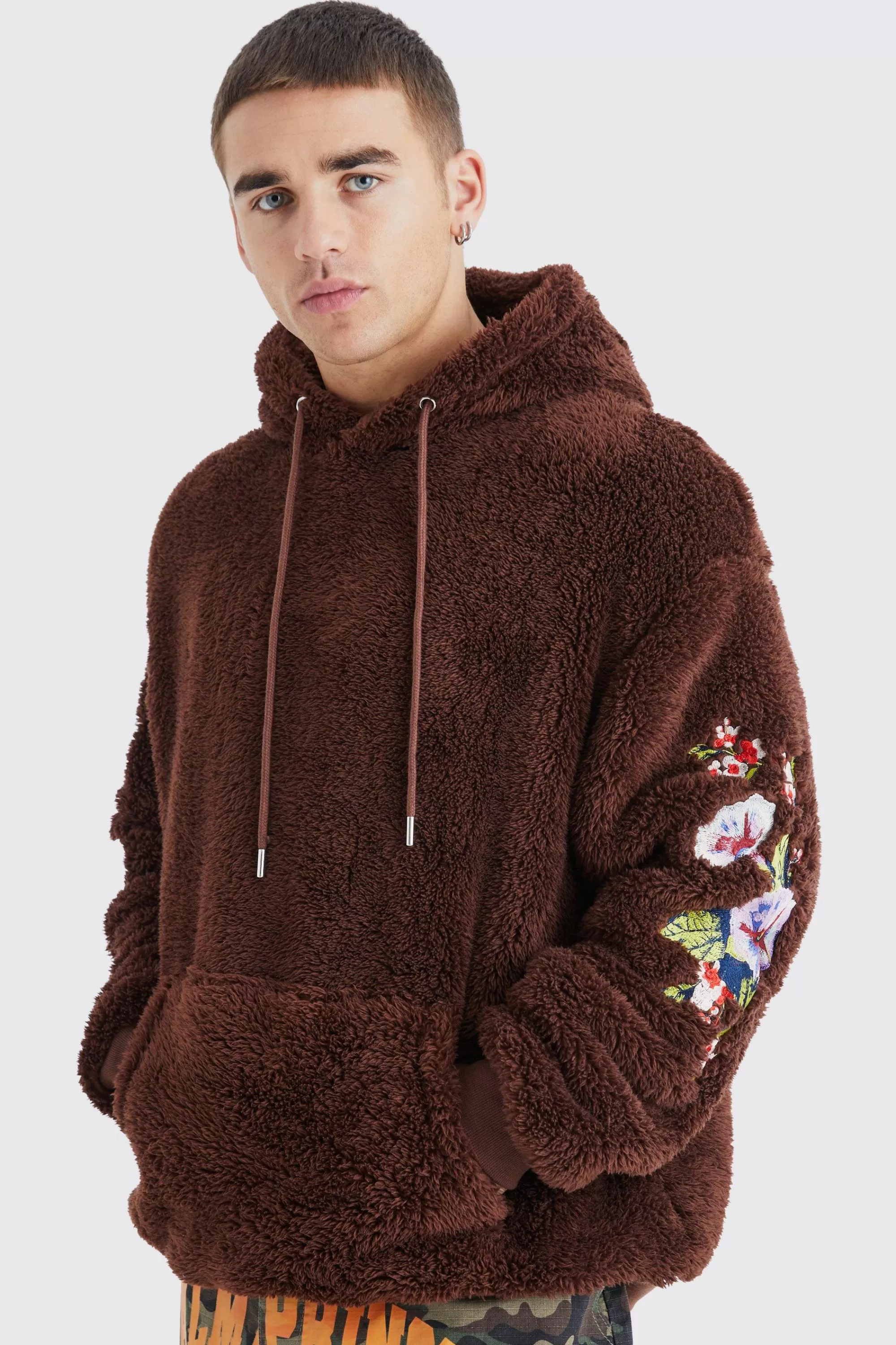 boohooMAN Oversized Borg Hoodie With Floral Embroidery | UK