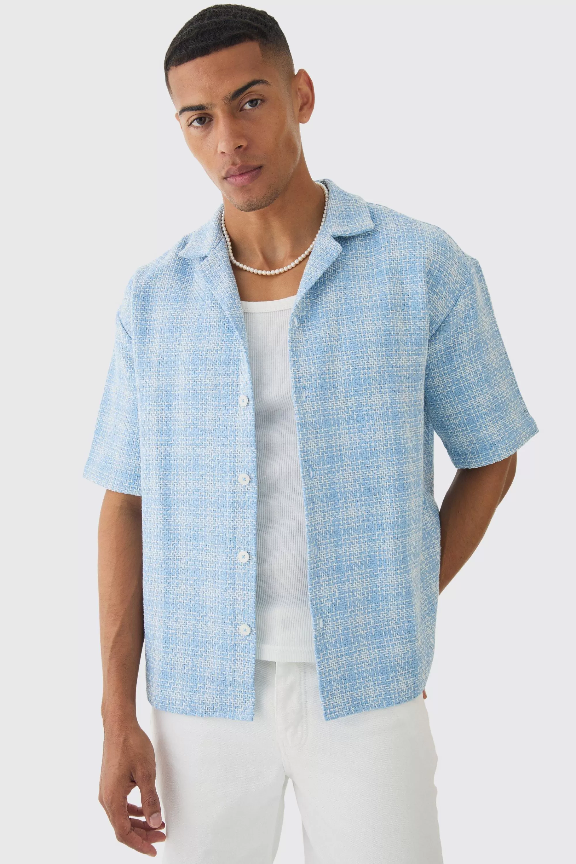 boohooMAN Oversized Boucle Check Short Sleeve Revere Shirt | UK