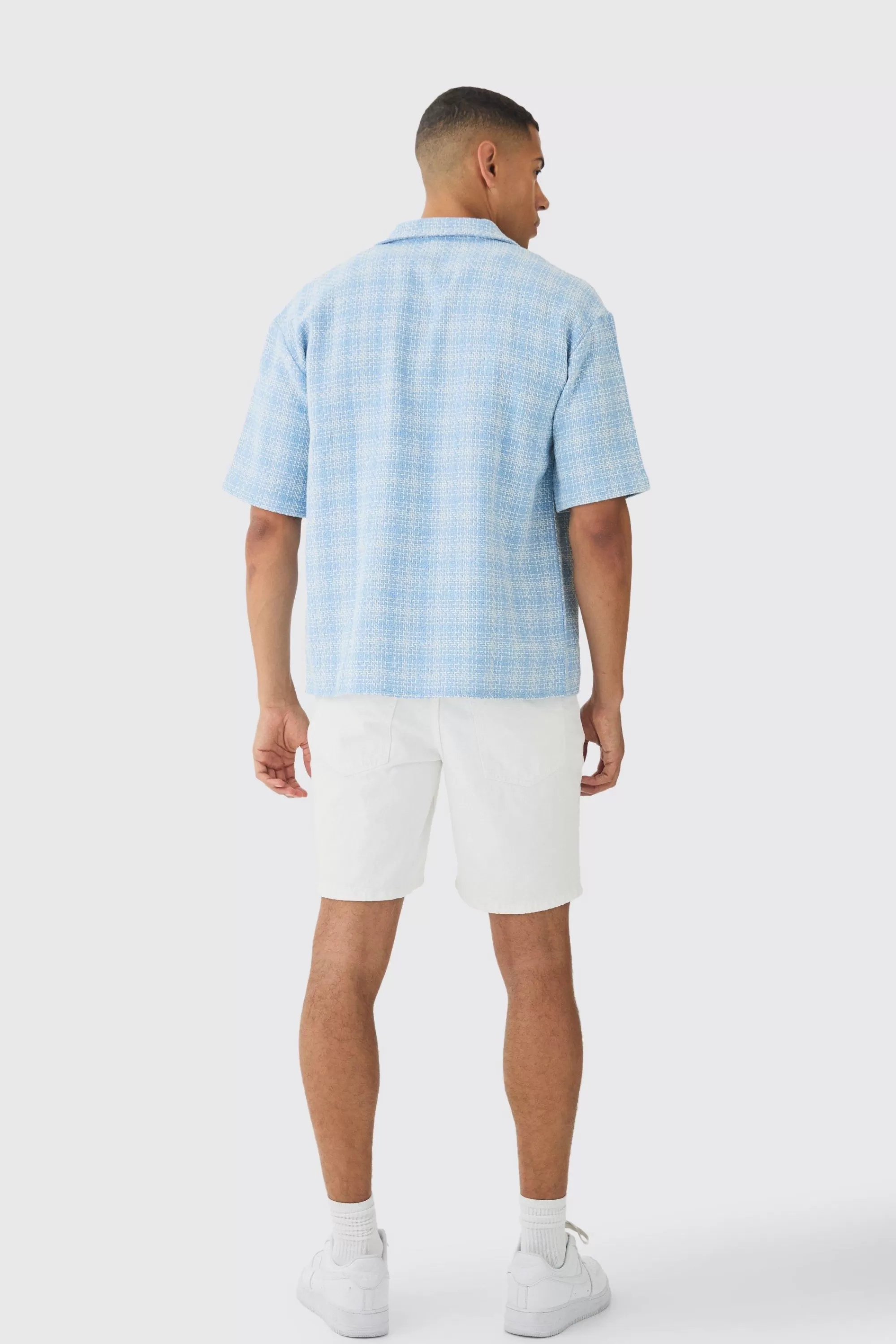 boohooMAN Oversized Boucle Check Short Sleeve Revere Shirt | UK
