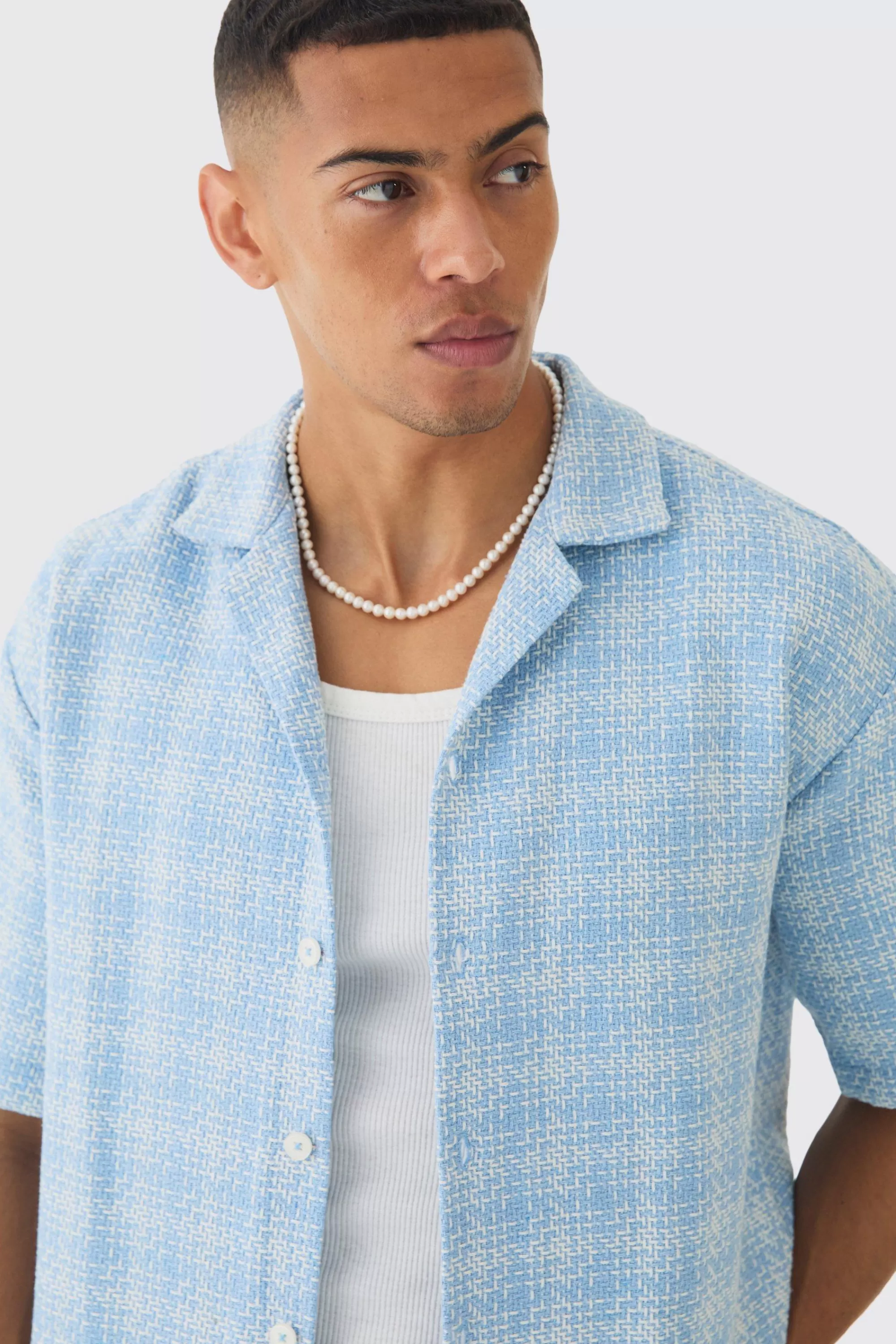 boohooMAN Oversized Boucle Check Short Sleeve Revere Shirt | UK