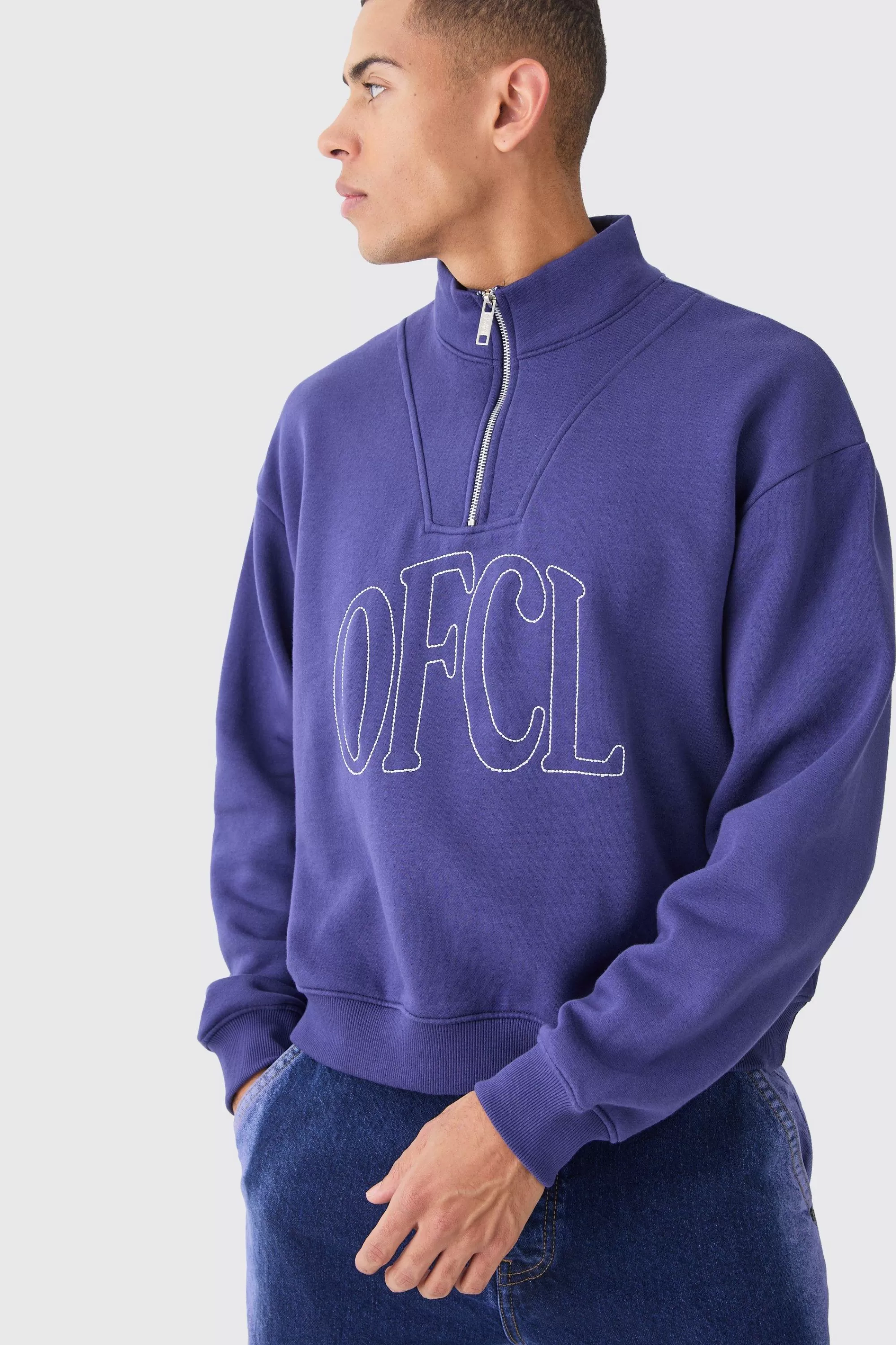 boohooMAN Oversized Boxy 1/4 Zip Chain Stitch Offcl Embroidered Hoodie | UK