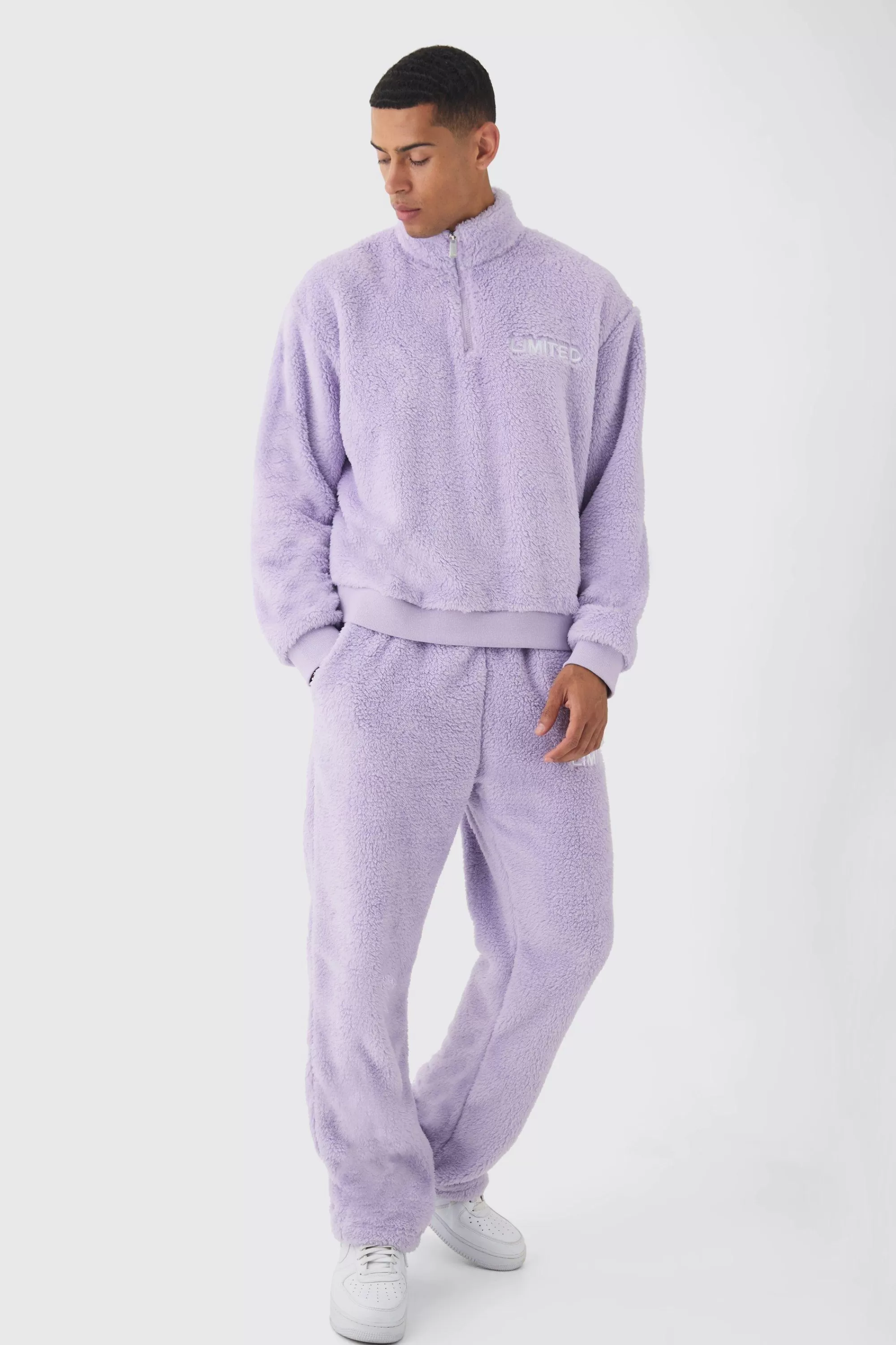 boohooMAN Oversized Boxy 1/4 Zip Limited Edition Teddy Borg Sweat Tracksuit | UK