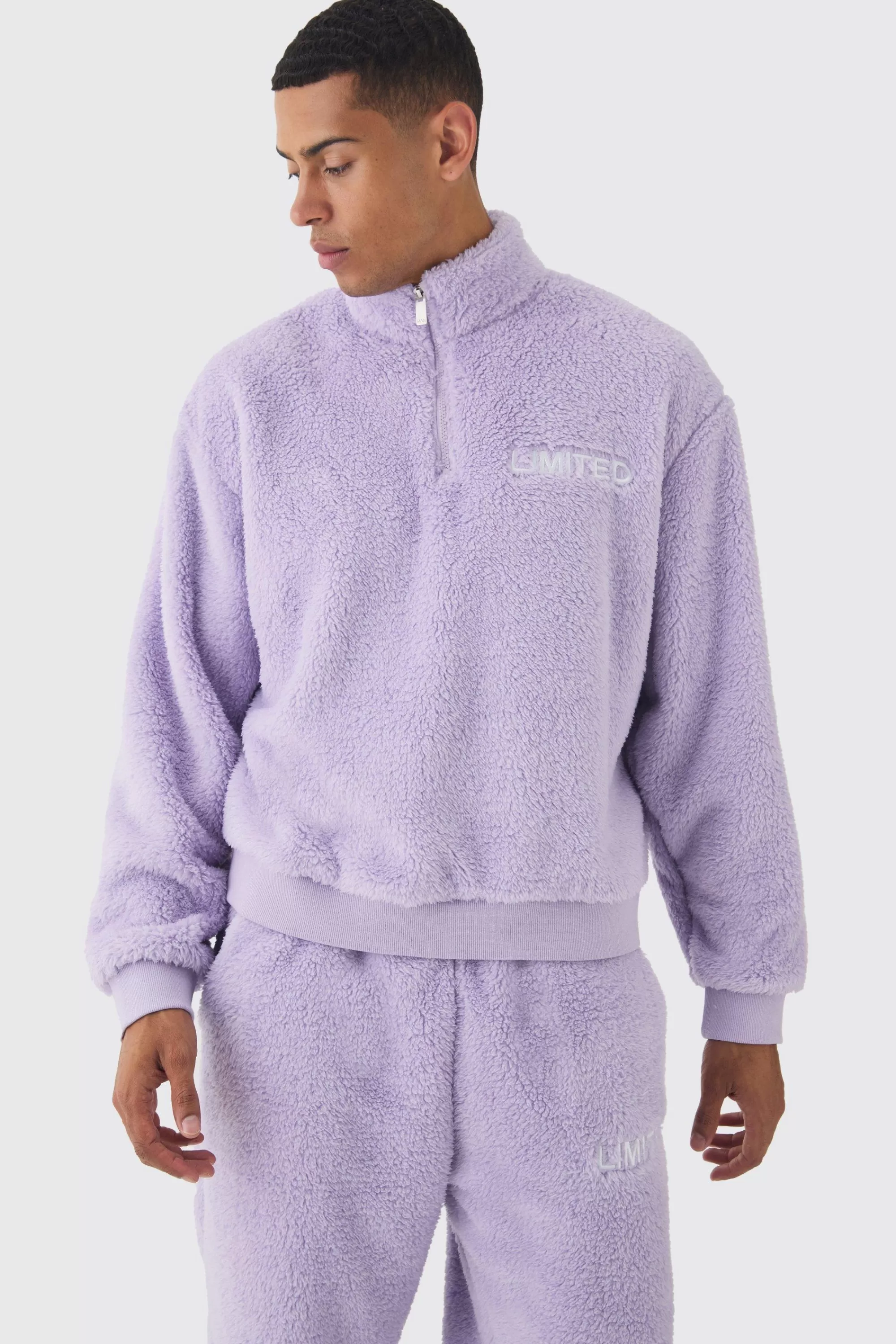 boohooMAN Oversized Boxy 1/4 Zip Limited Edition Teddy Borg Sweat Tracksuit | UK