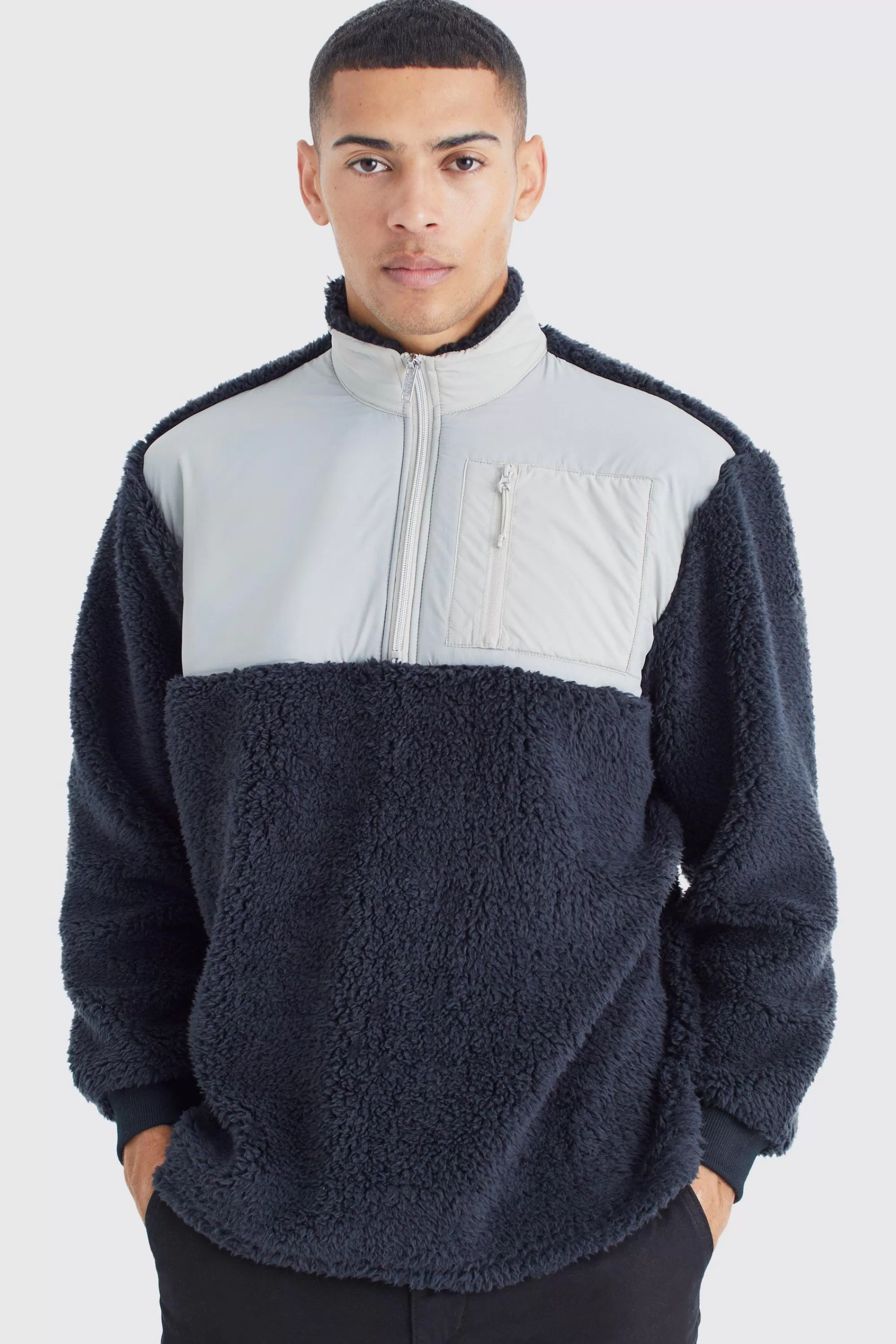 boohooMAN Oversized Boxy 1/4 Zip Nylon Panel Borg Sweatshirt | UK