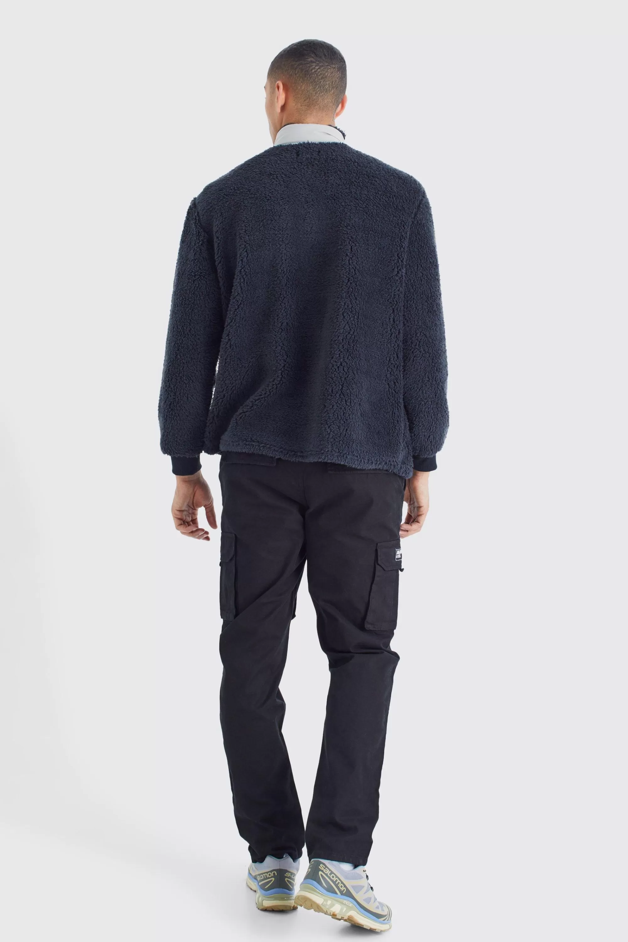 boohooMAN Oversized Boxy 1/4 Zip Nylon Panel Borg Sweatshirt | UK