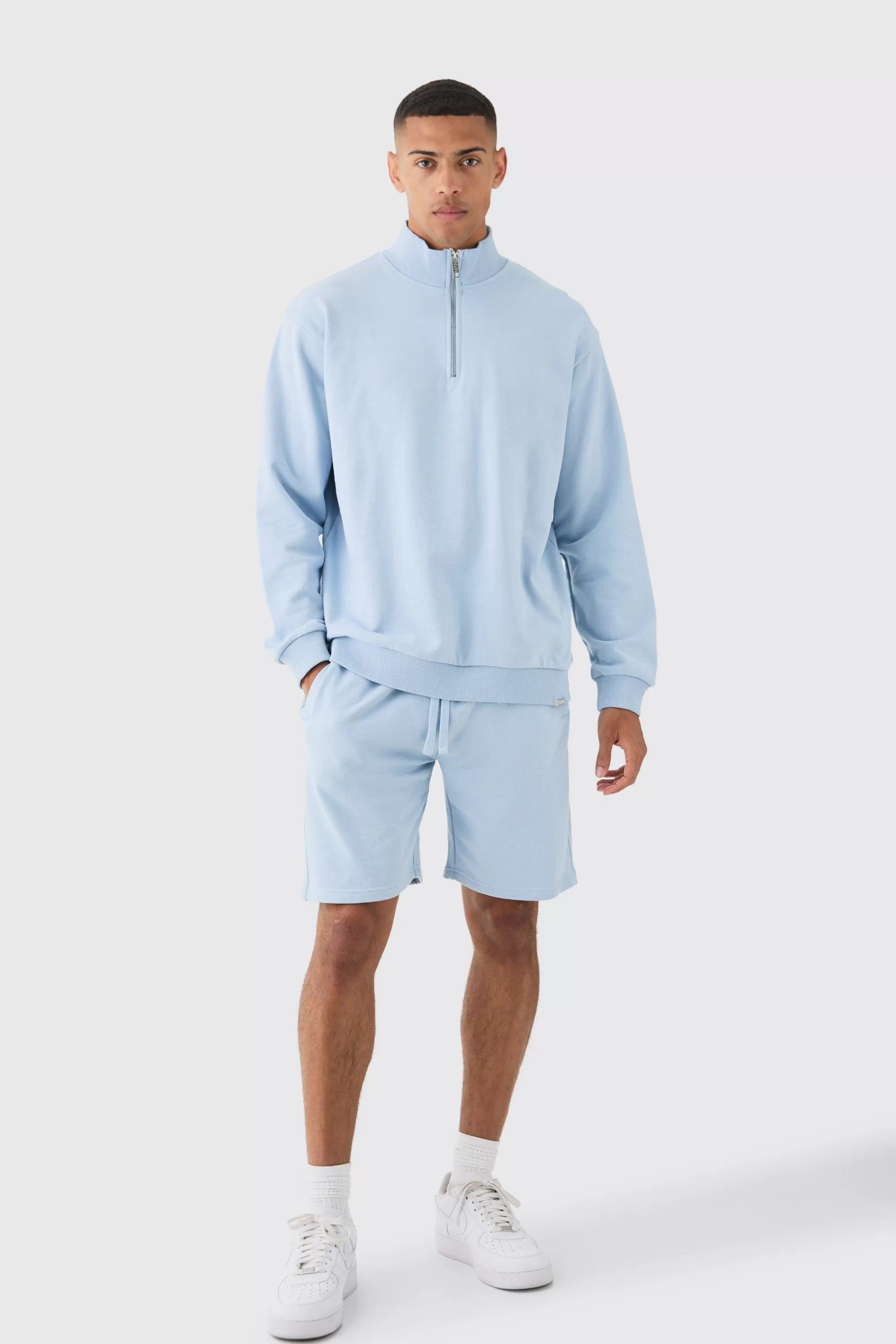 boohooMAN Oversized Boxy 1/4 Zip Sweatshirt Loopback Short Tracksuit | UK