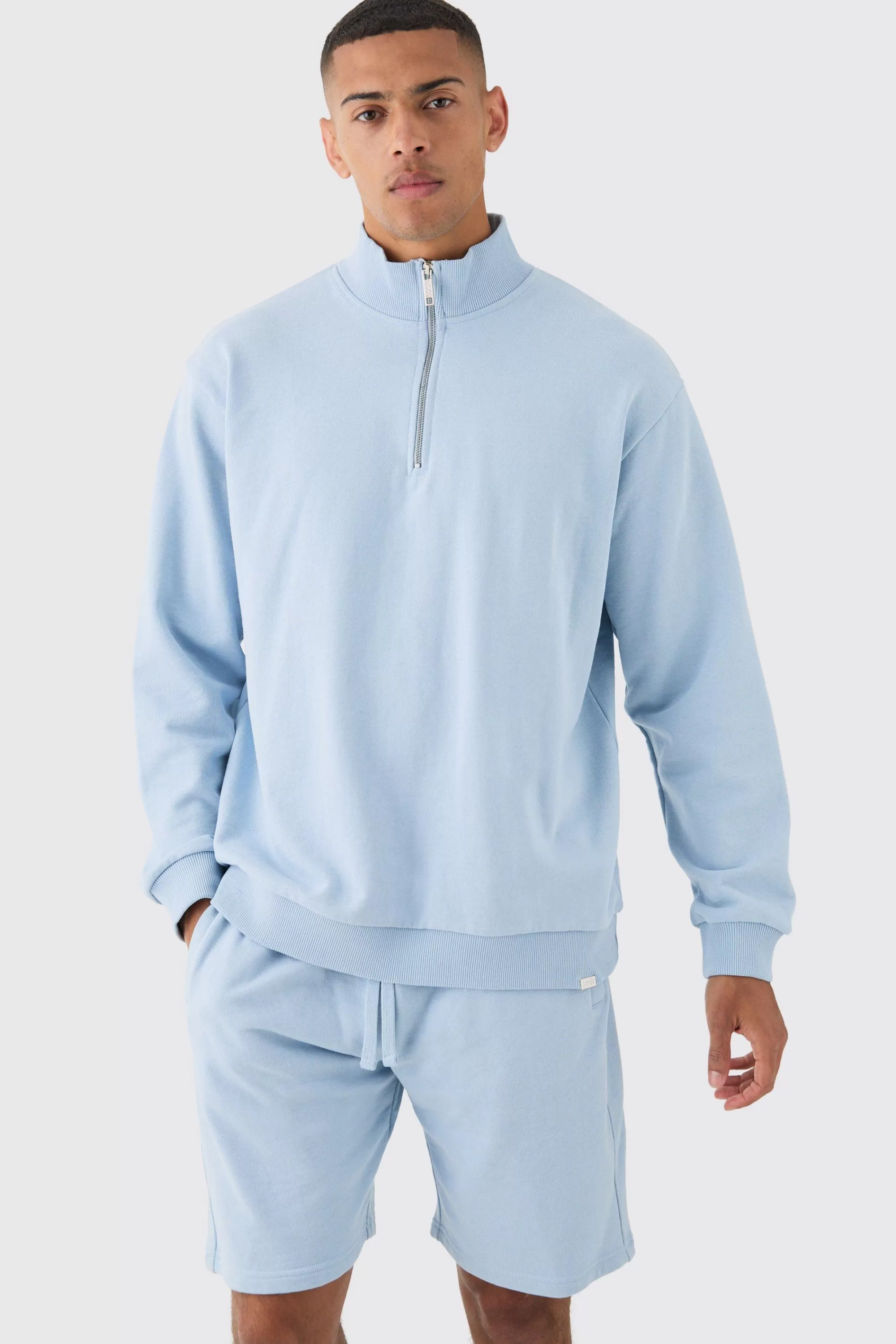 boohooMAN Oversized Boxy 1/4 Zip Sweatshirt Loopback Short Tracksuit | UK
